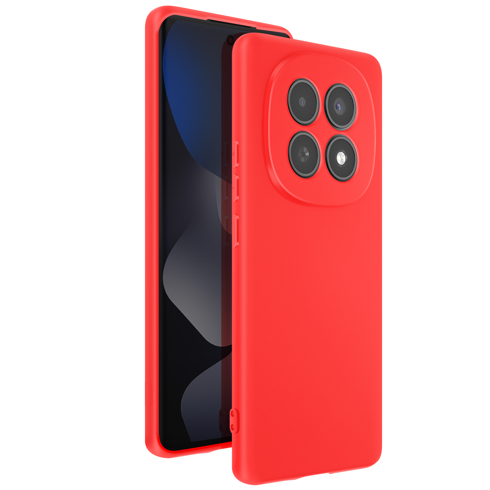 Una custodia rossa per telefono con quattro fotocamere in quadrato.