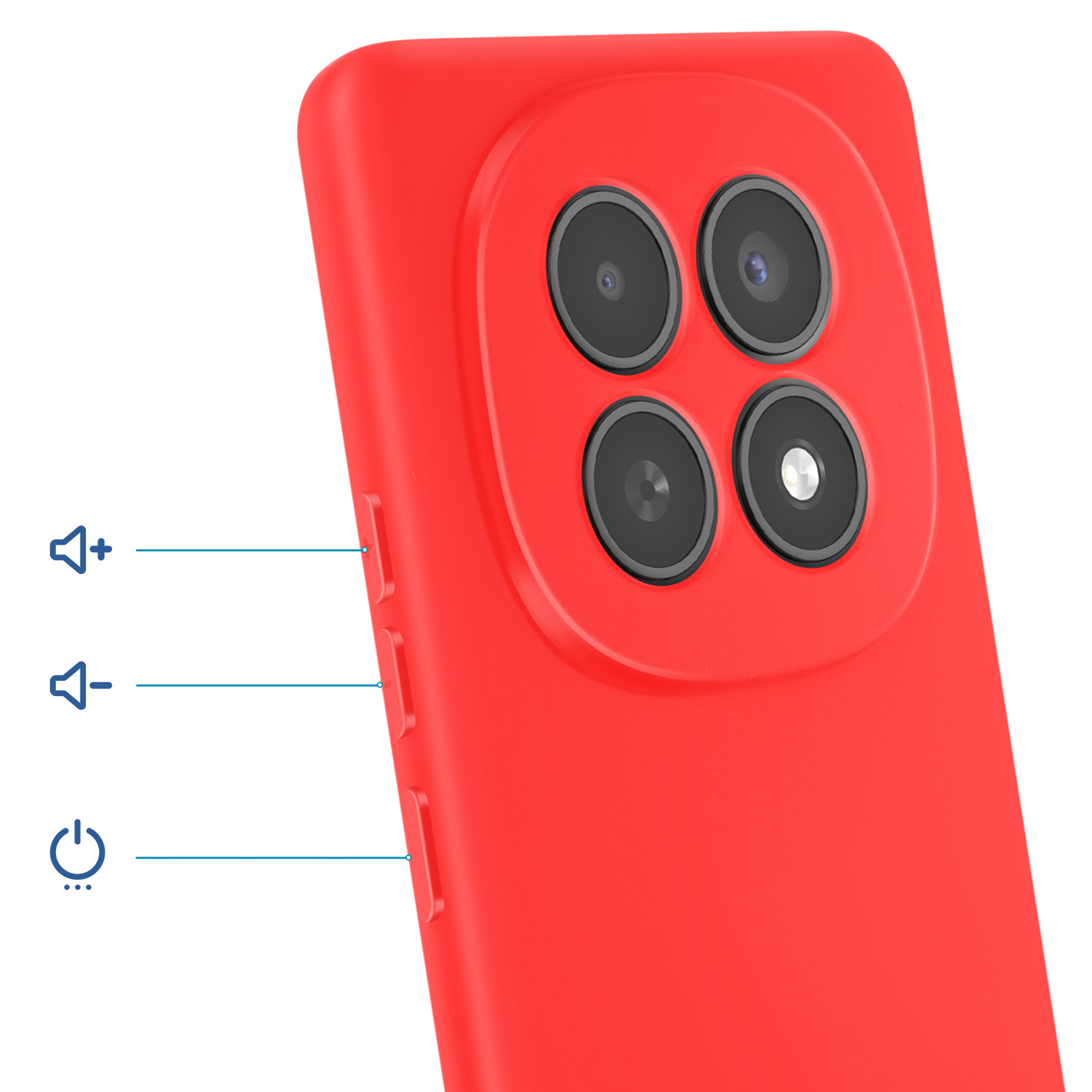 Smartphone rosso con quattro fotocamere, tasti volume e accensione.