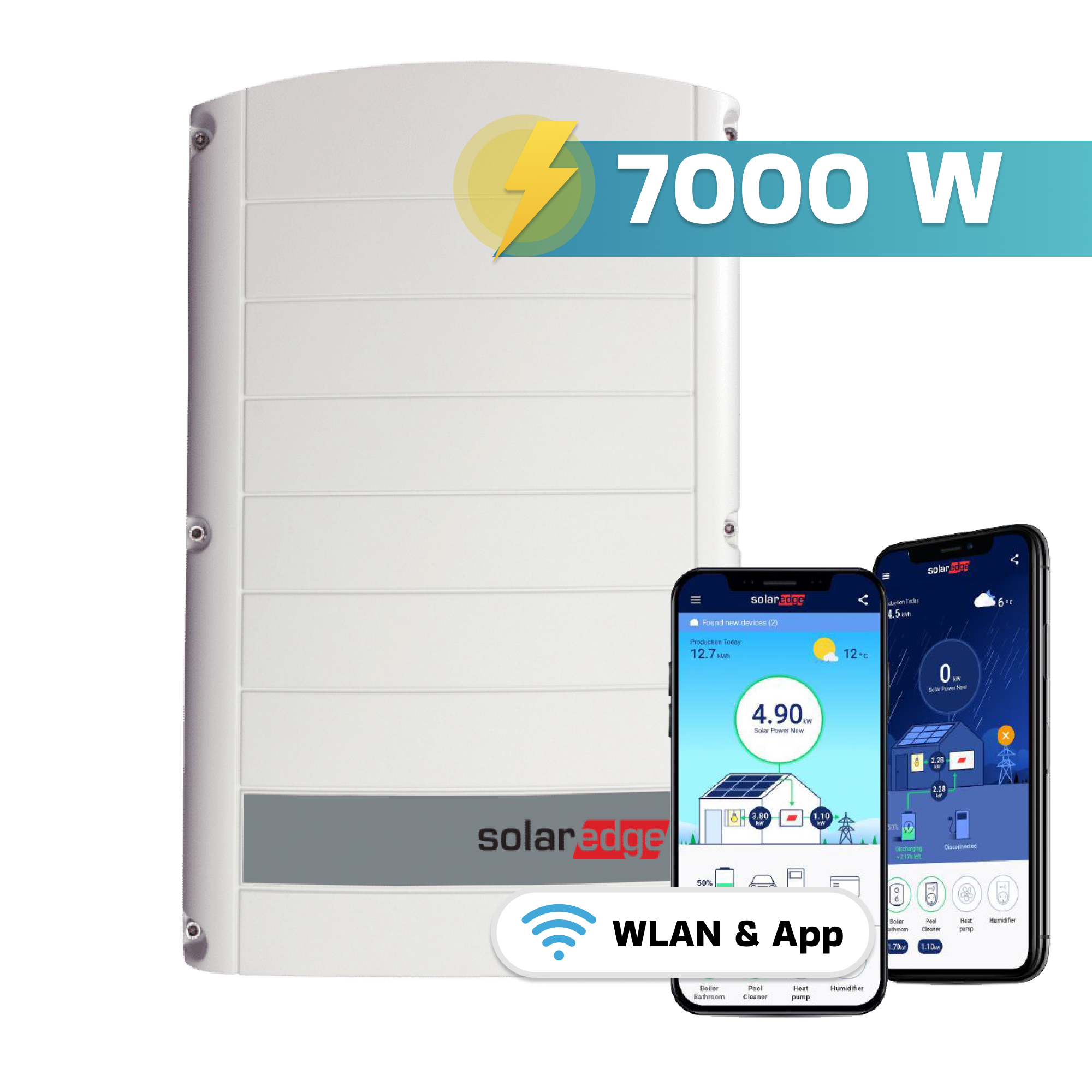 Ein SolarEdge 7000W Wechselrichter mit zwei Smartphones, die die App zeigen.