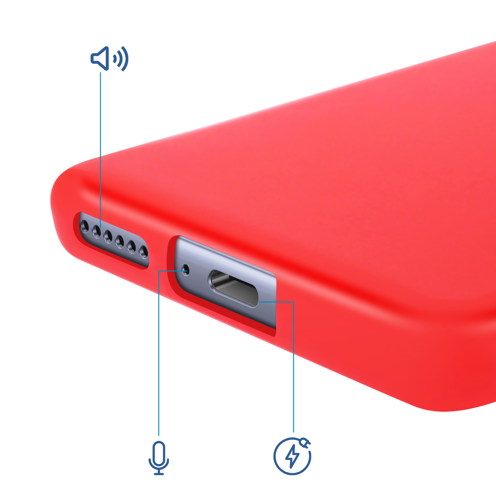 Custodia rossa per telefono con ritagli per altoparlante, microfono e porta di ricarica.