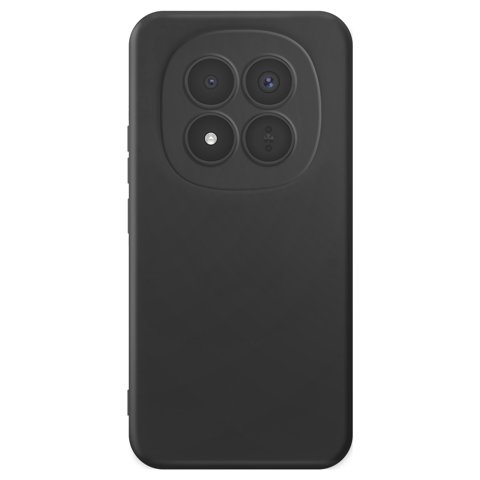 Custodia nera per smartphone con quattro obiettivi della fotocamera in un modulo ovale.