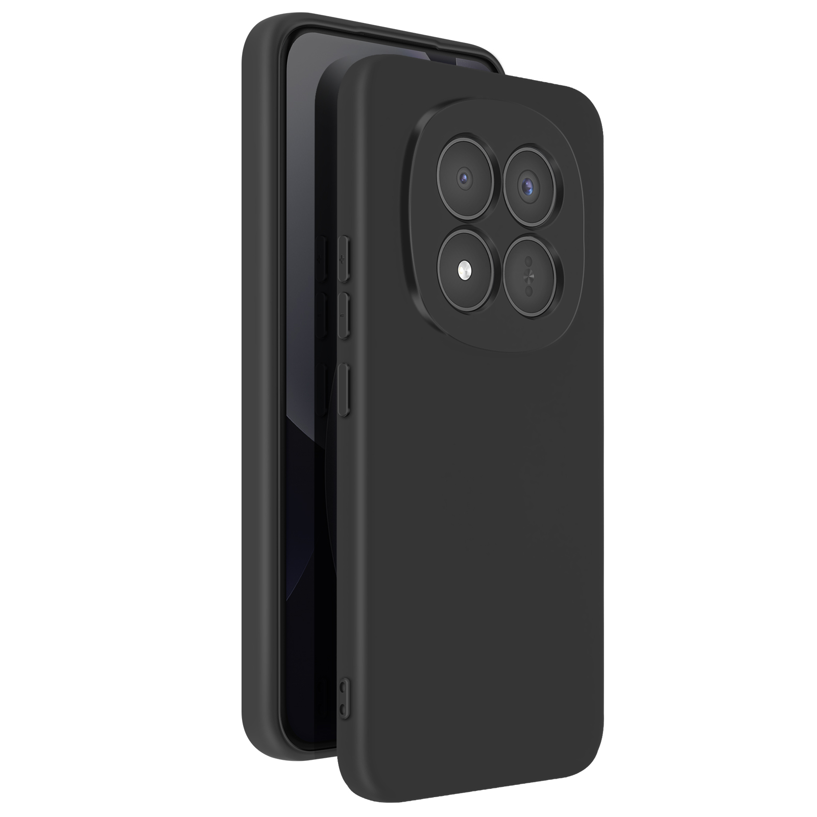 Custodia nera per telefono con array di quattro fotocamere, mostrata su un telefono.