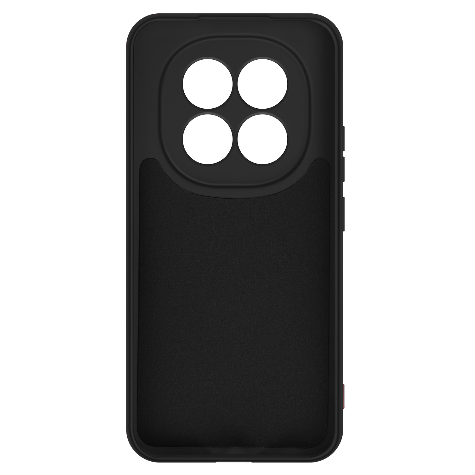 Custodia nera per telefono con quattro ritagli rotondi per fotocamere.