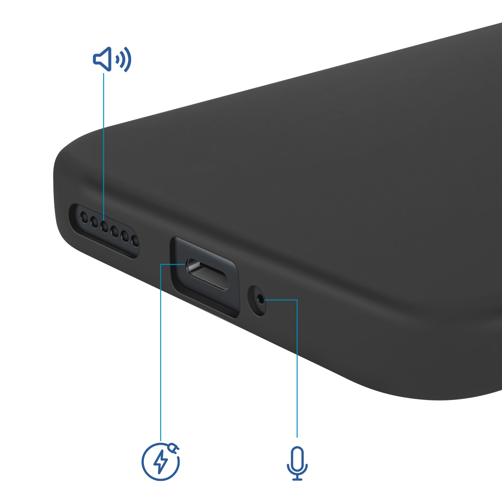 Cover nera per telefono con griglia altoparlante, porta di ricarica, jack cuffie.