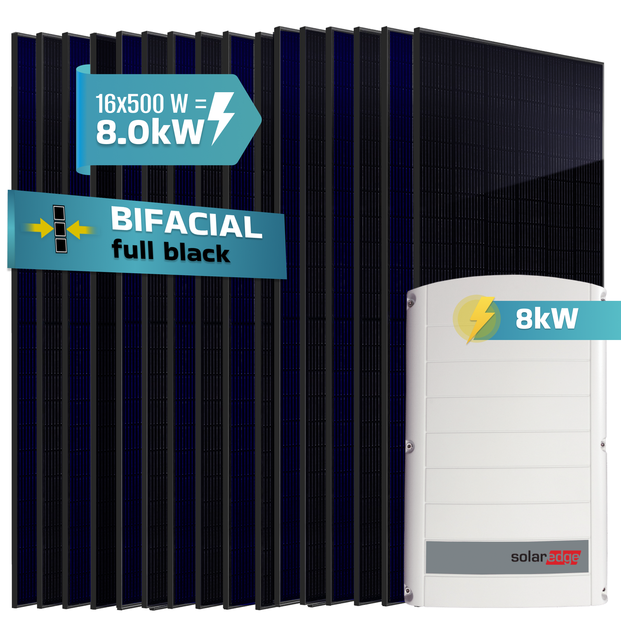 Solarmodul-Array mit 16x500W, 8kW Leistung und weißem Wechselrichter.