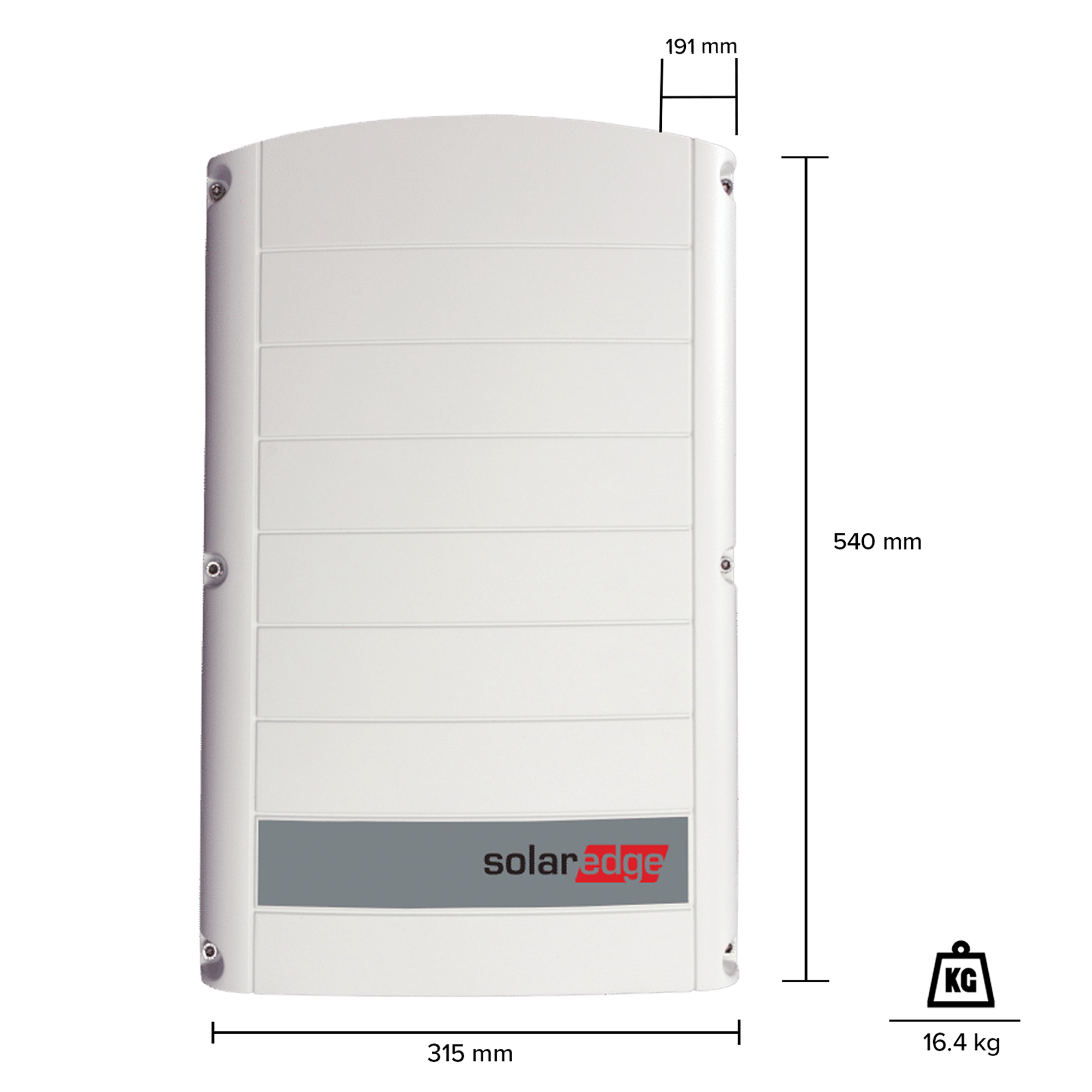 Ein weißes SolarEdge-Gehäuse mit Maßen 540mm x 315mm und 16,4kg Gewicht.