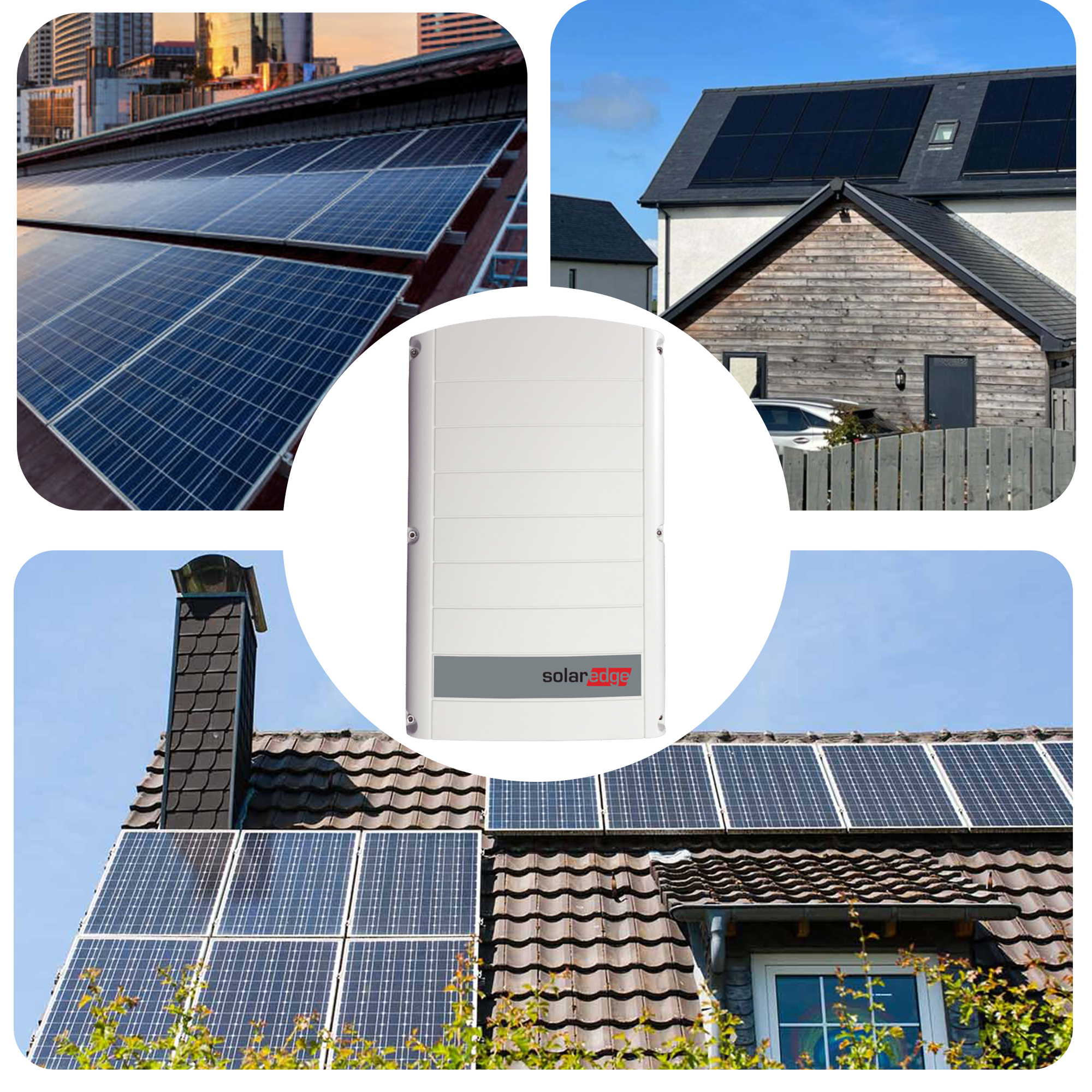 Solaranlagen auf Dächern von Gebäuden, mit einem weißen SolarEdge-Wechselrichter in der Mitte.