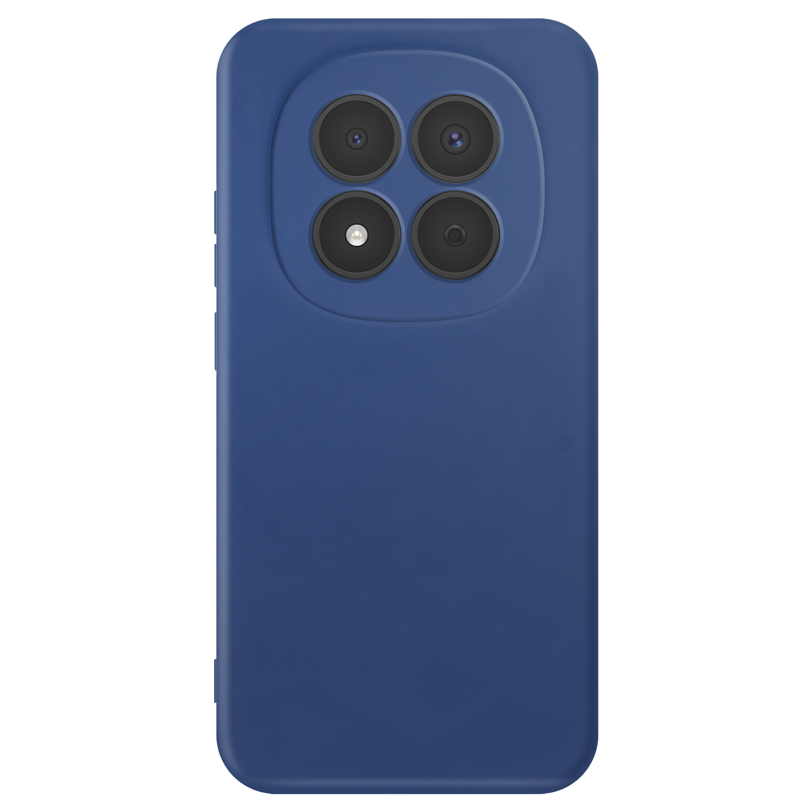 Een blauwe telefoonhoes met vier cameralenzen en één flitser.