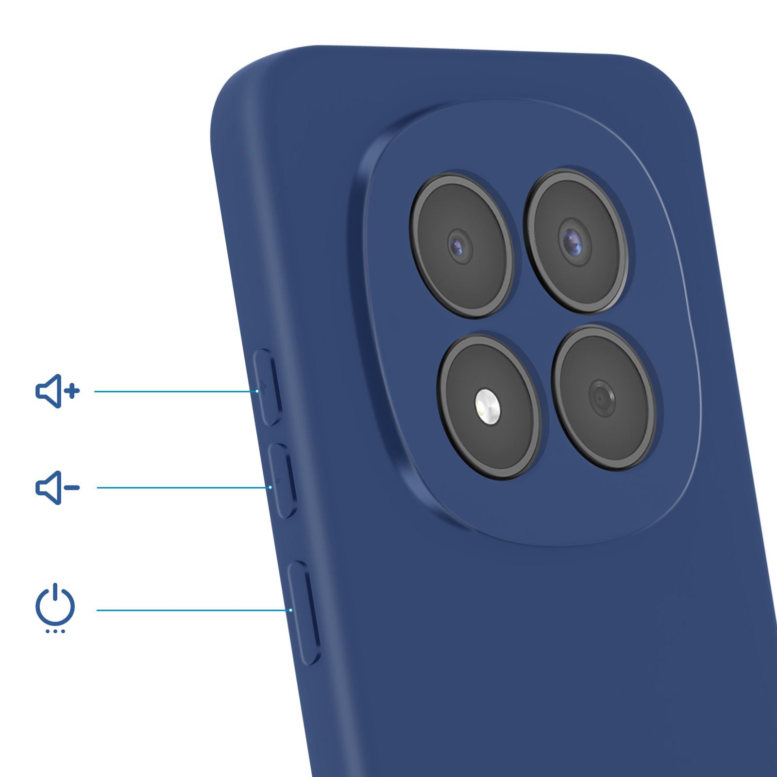 Blauwe telefoonhoes met vier camera's en zijtoetsen.