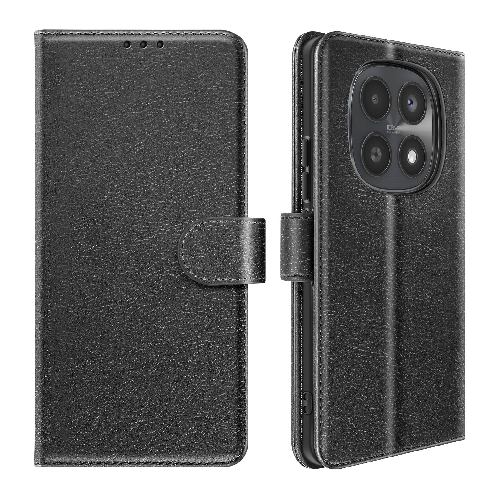 Custodia a libro in similpelle nera con chiusura magnetica e ritaglio per quad camera.