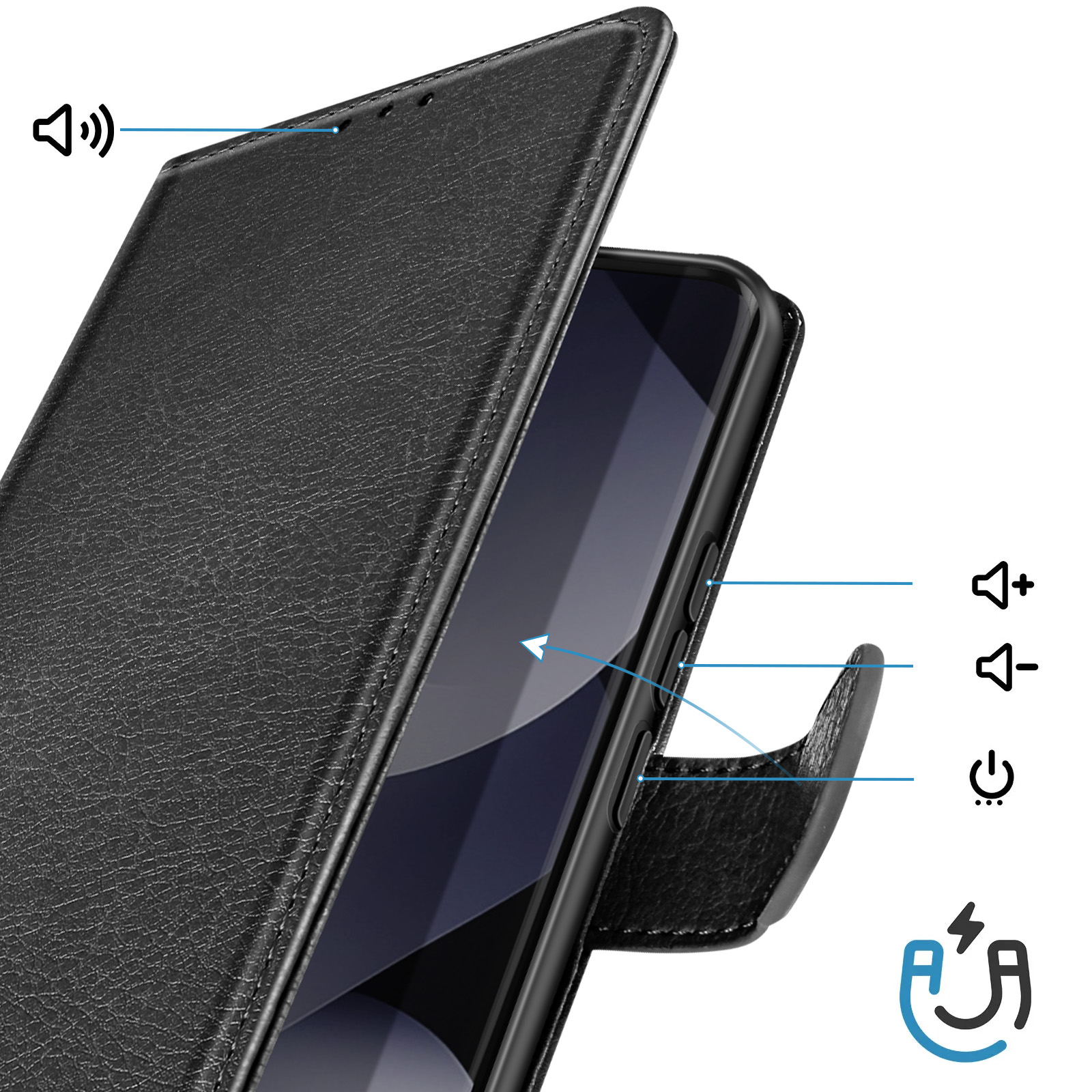 Custodia nera per telefono con icone volume e accensione.