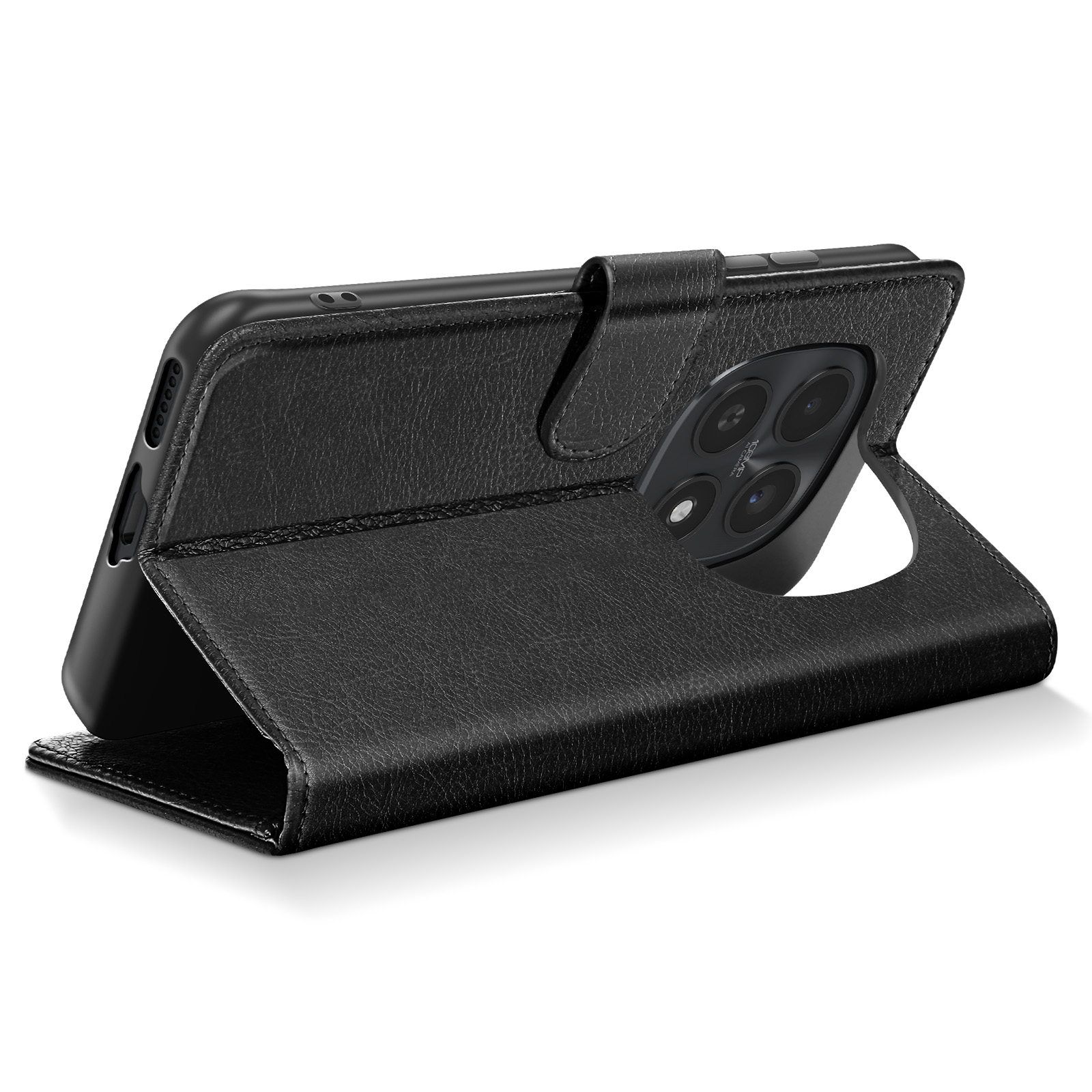 Custodia a libro in pelle nera per smartphone con tripla fotocamera.