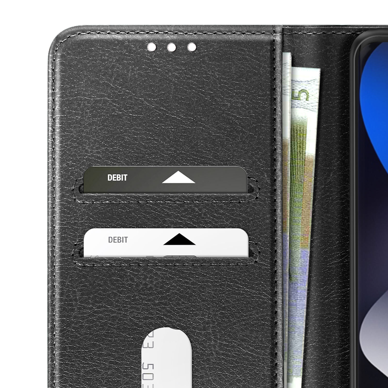 Portafoglio nero con banconote e porta carte.