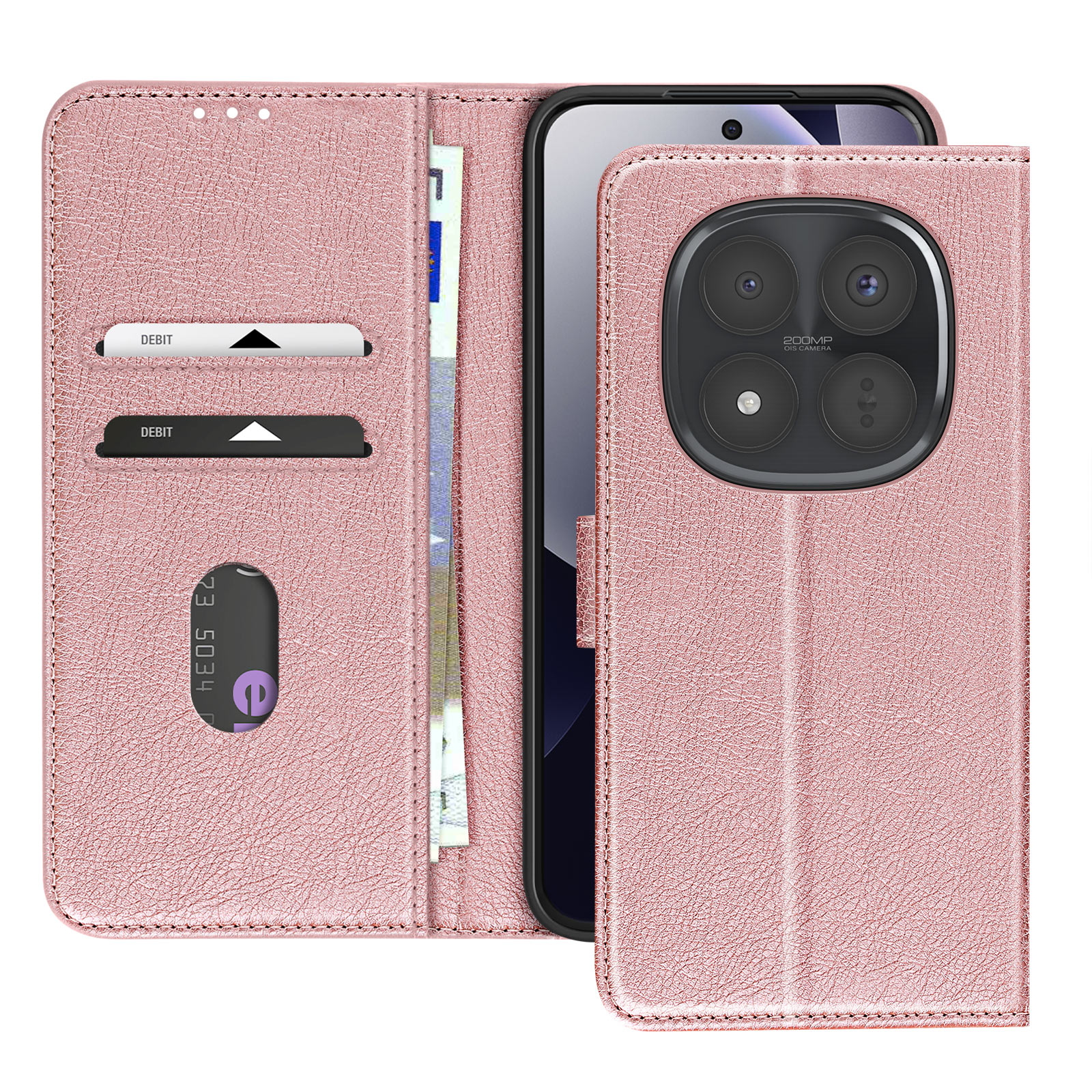Una custodia rosa per telefono con slot per carte e fotocamera da 200 MP.