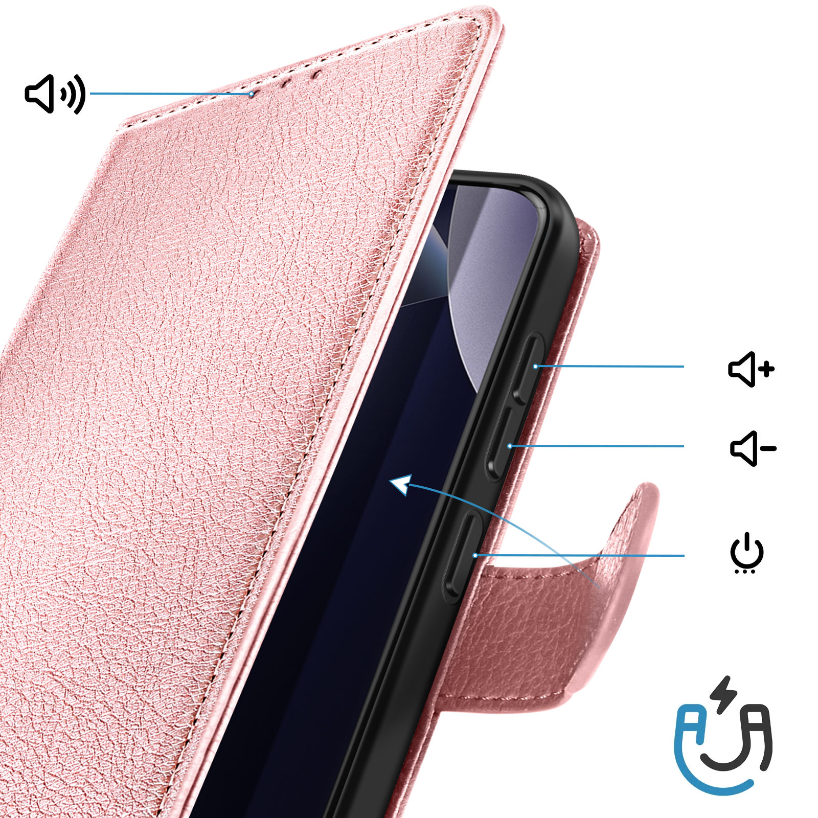Custodia rosa per telefono con pulsanti volume, accensione e icona di ricarica.
