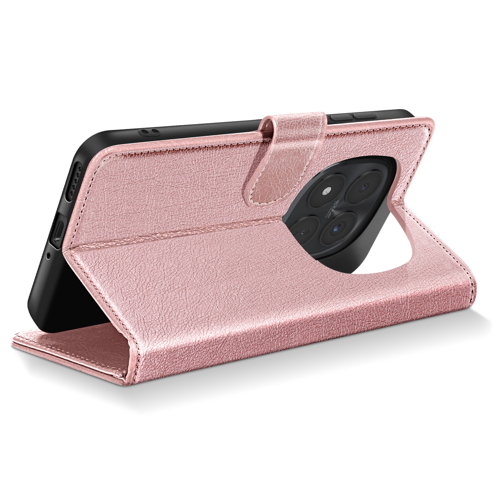 Una custodia a libro rosa oro protegge uno smartphone, mostrando la fotocamera.