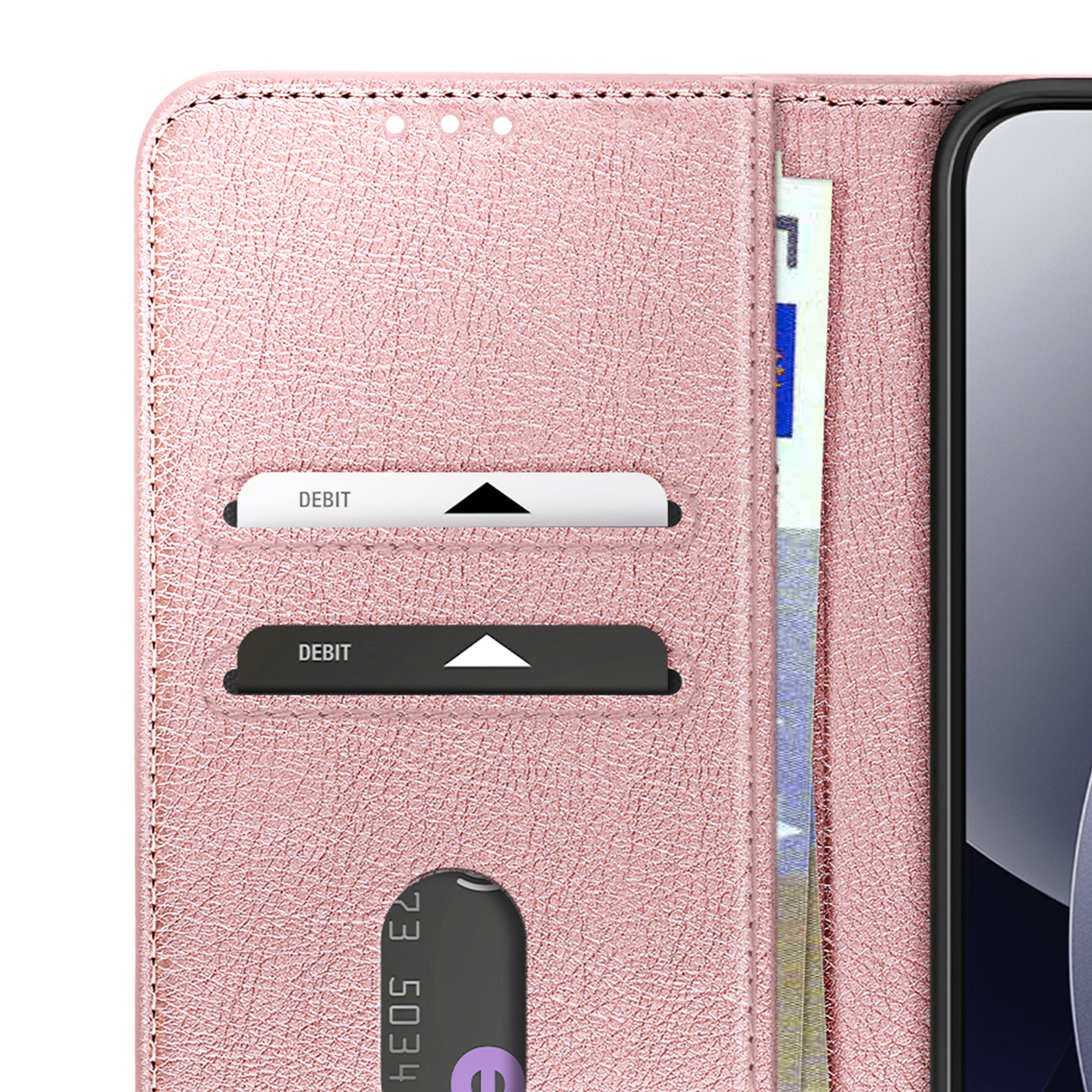 Custodia rosa per telefono con slot per carte e banconote, mostra una carta di debito.