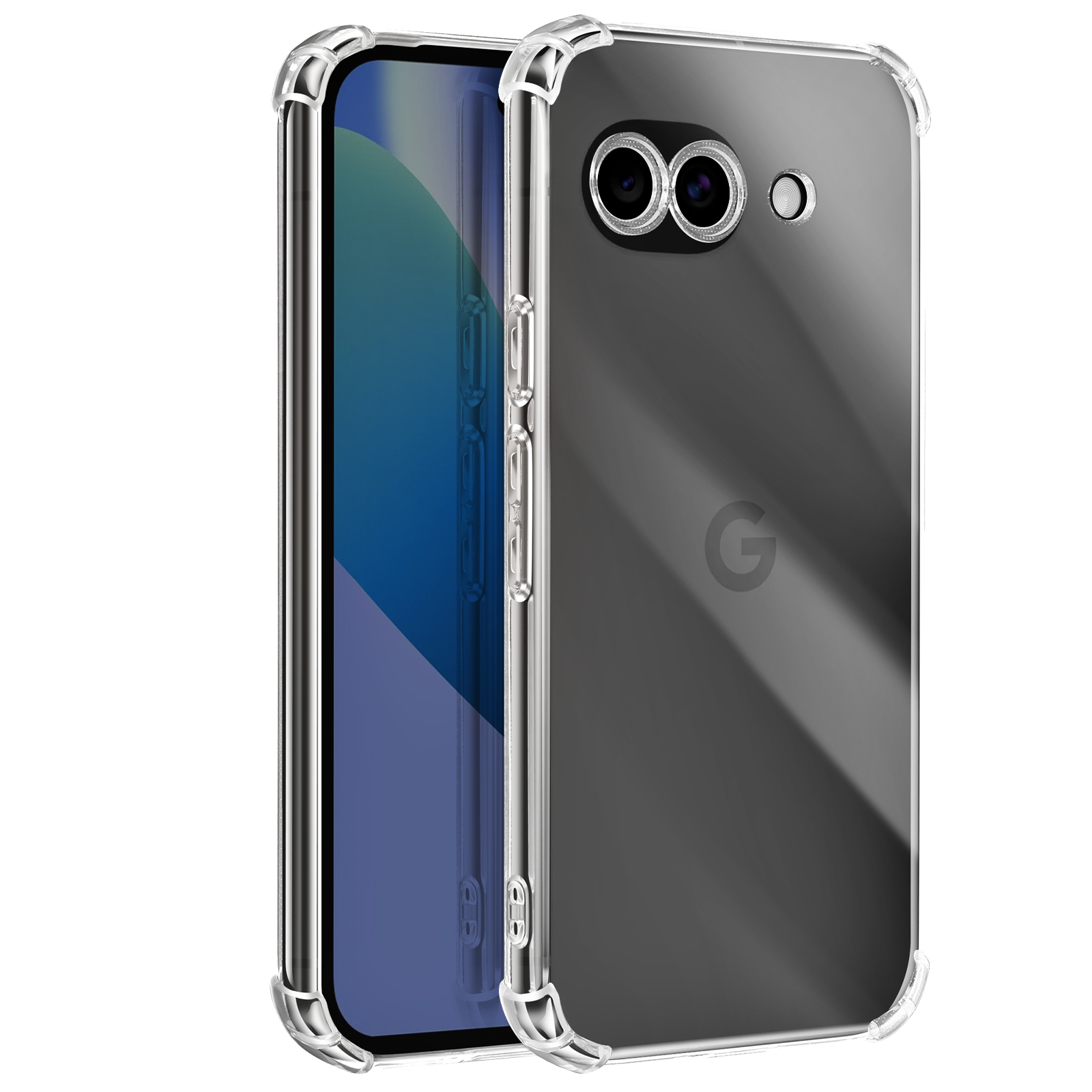 Een transparante telefoonhoes met verstevigde hoeken op een telefoon.