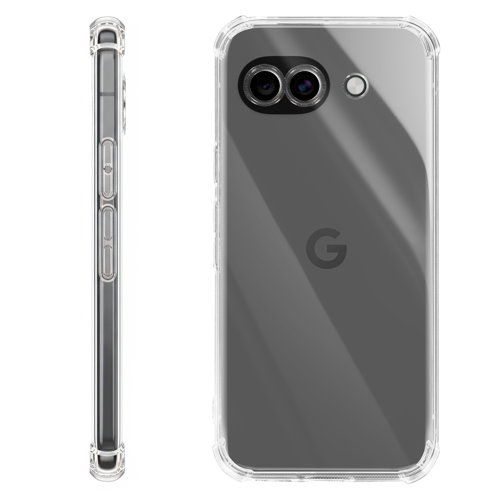 Transparante telefoonhoes met twee camera's en Google-logo.