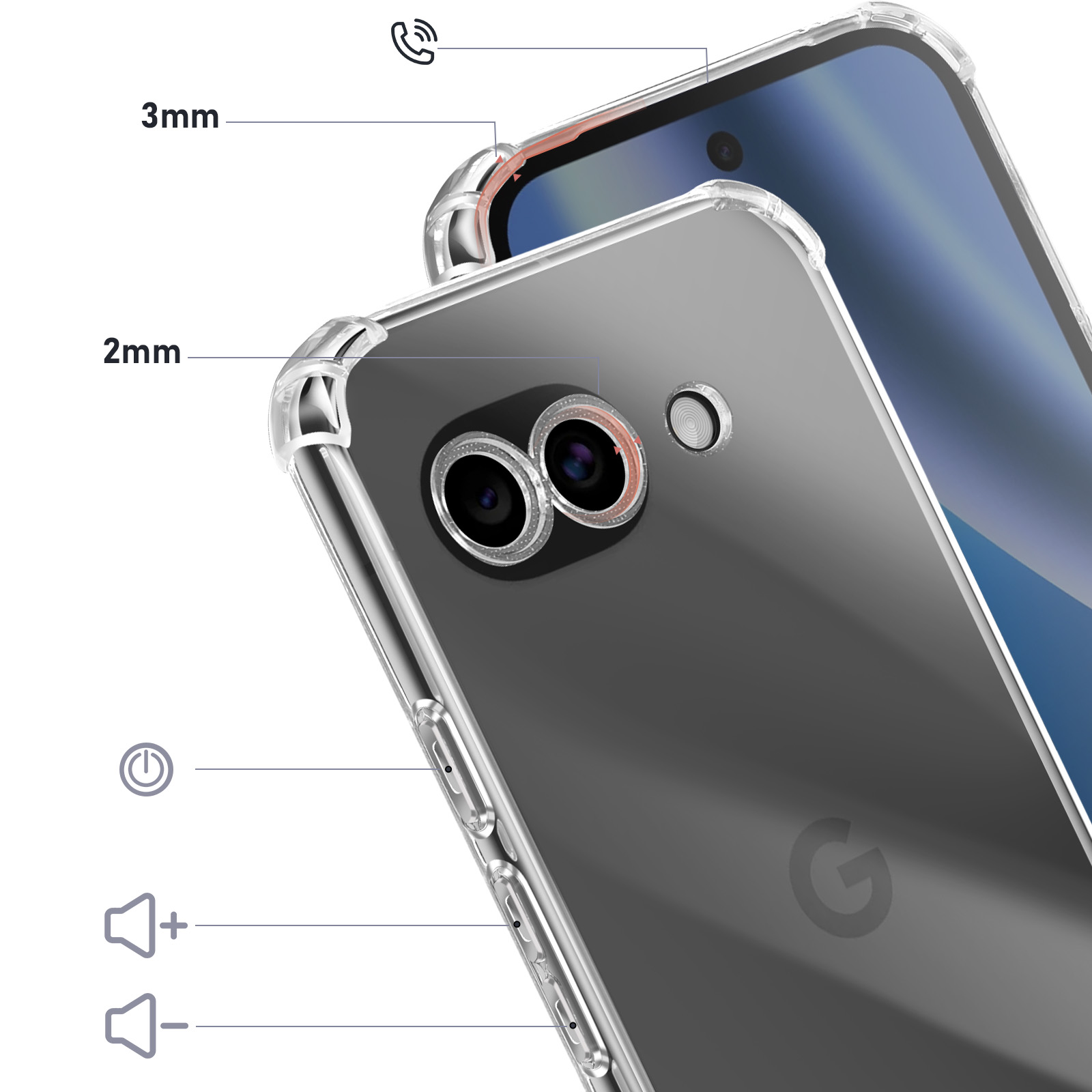Doorzichtige telefoonhoes met cameradetails, knoppen en afmetingen.