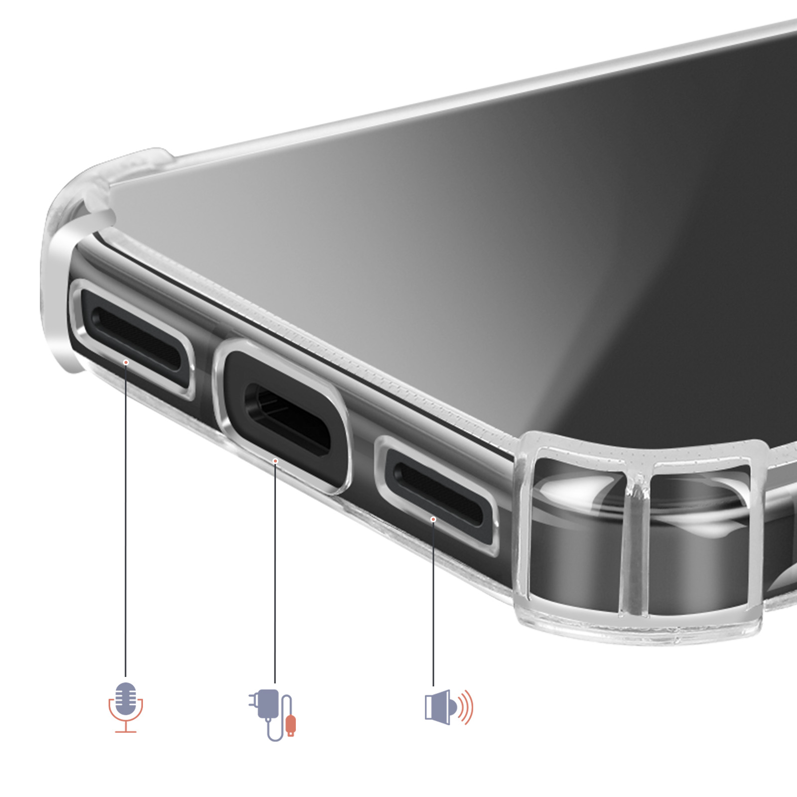 Close-up van de onderkant van een transparante telefoonhoes met poorten en iconen voor microfoon, lader en luidspreker.