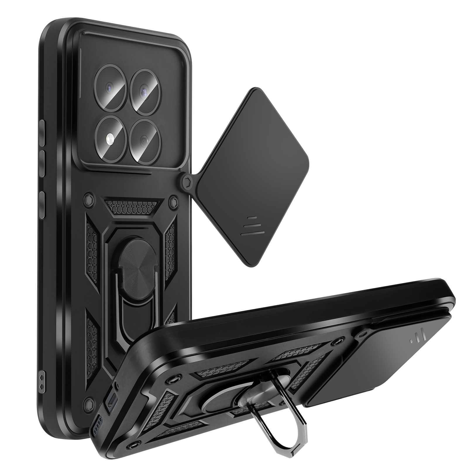 Custodia nera per telefono con quattro fotocamere e cavalletto.