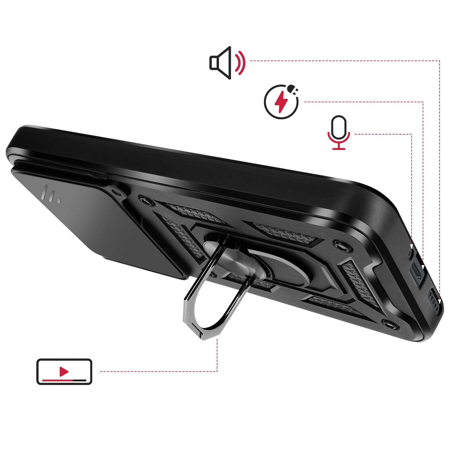 Coque de téléphone noire avec support anneau et icônes son, charge, micro.