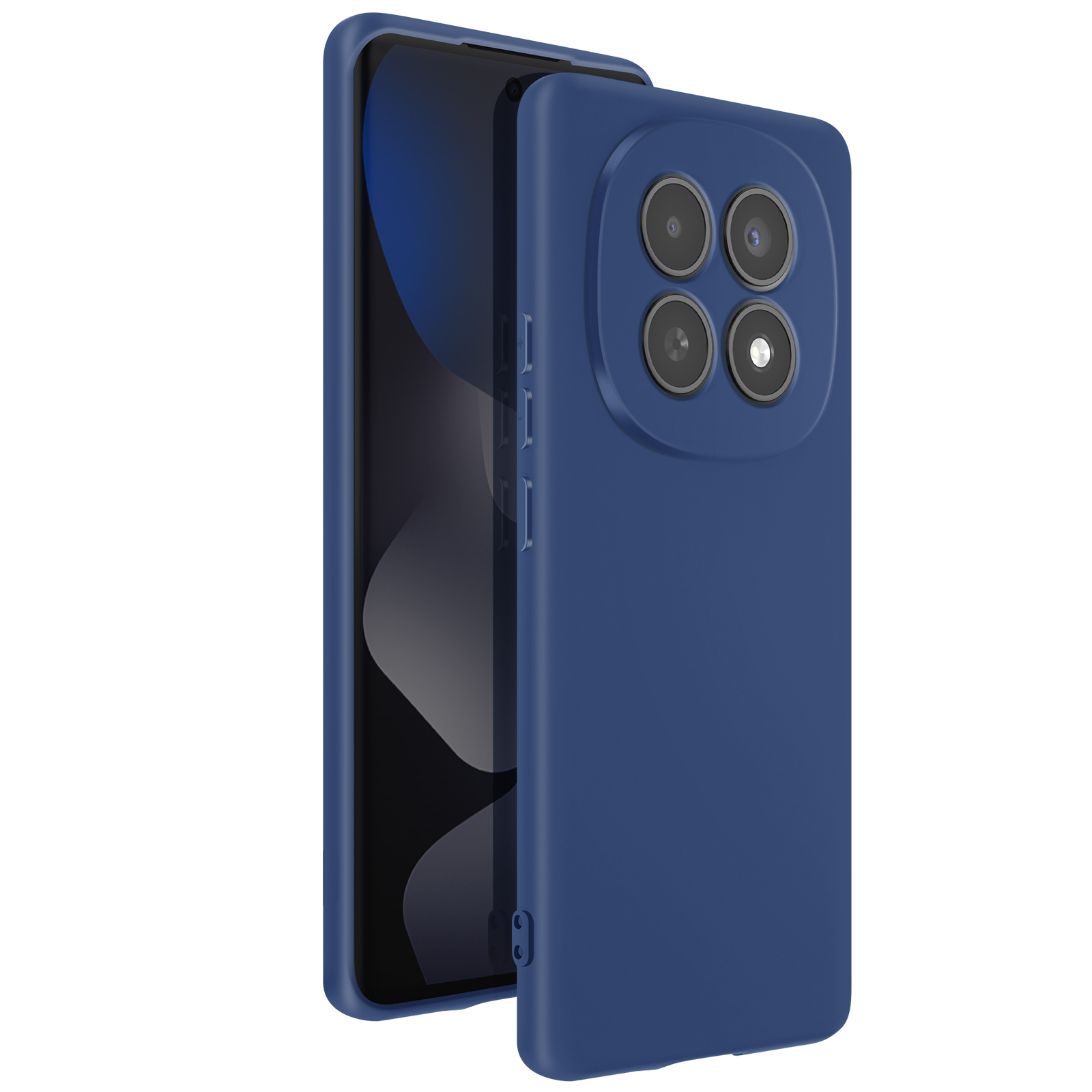 Custodia blu scuro per telefono con quattro obiettivi e pulsanti laterali.