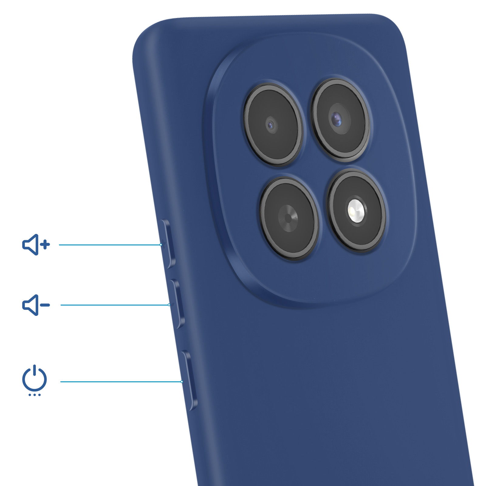 Custodia blu scuro con quattro fotocamere e tasti volume.