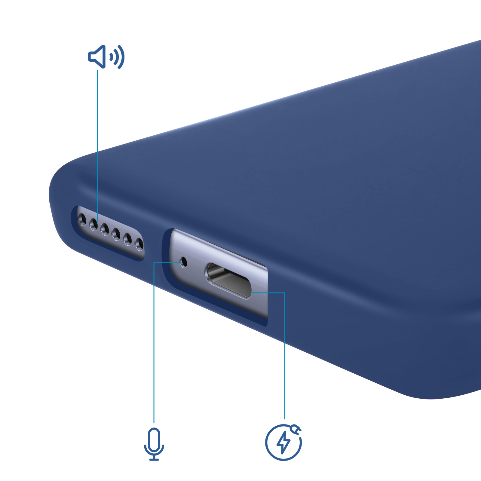 Custodia blu per telefono con altoparlante, microfono e porte di ricarica.