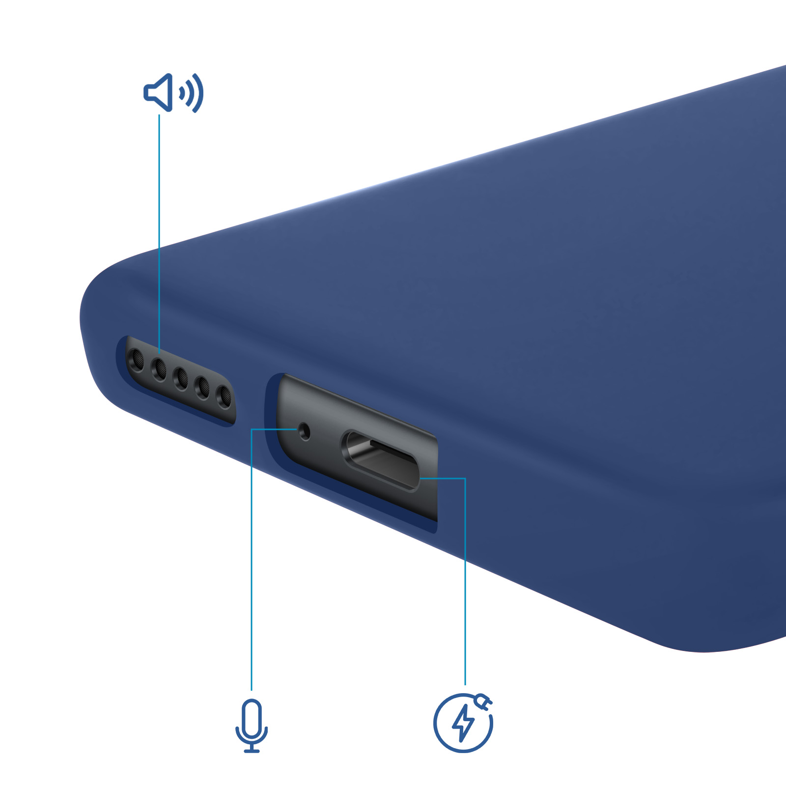 Custodia blu per telefono con porte: altoparlante, microfono e ricarica.