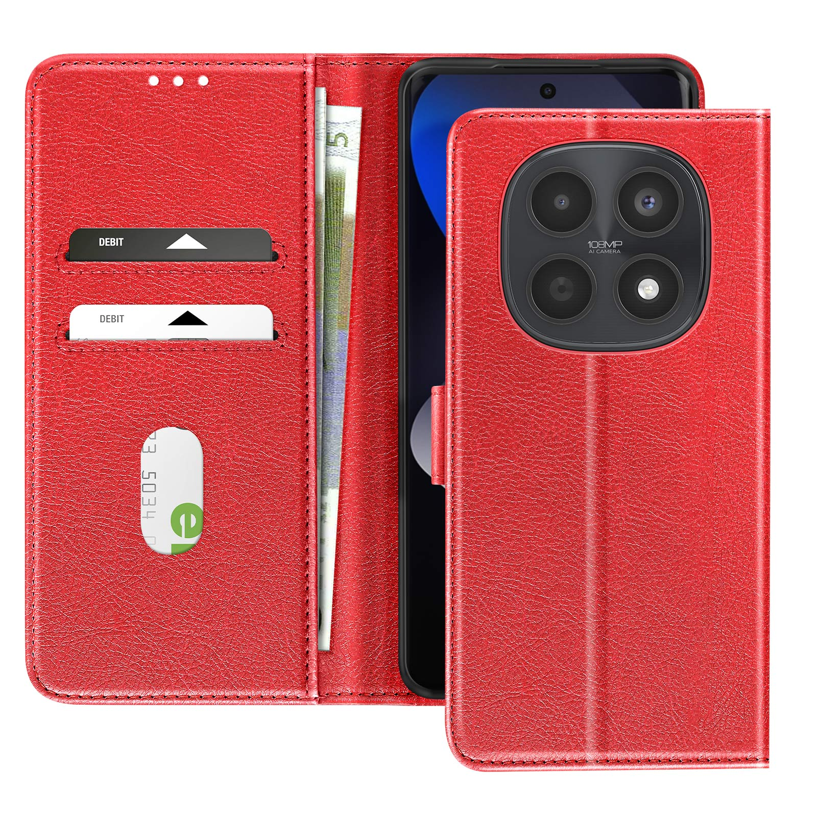 Custodia a portafoglio in pelle rossa per smartphone con slot per carte e fotocamera da 108MP.