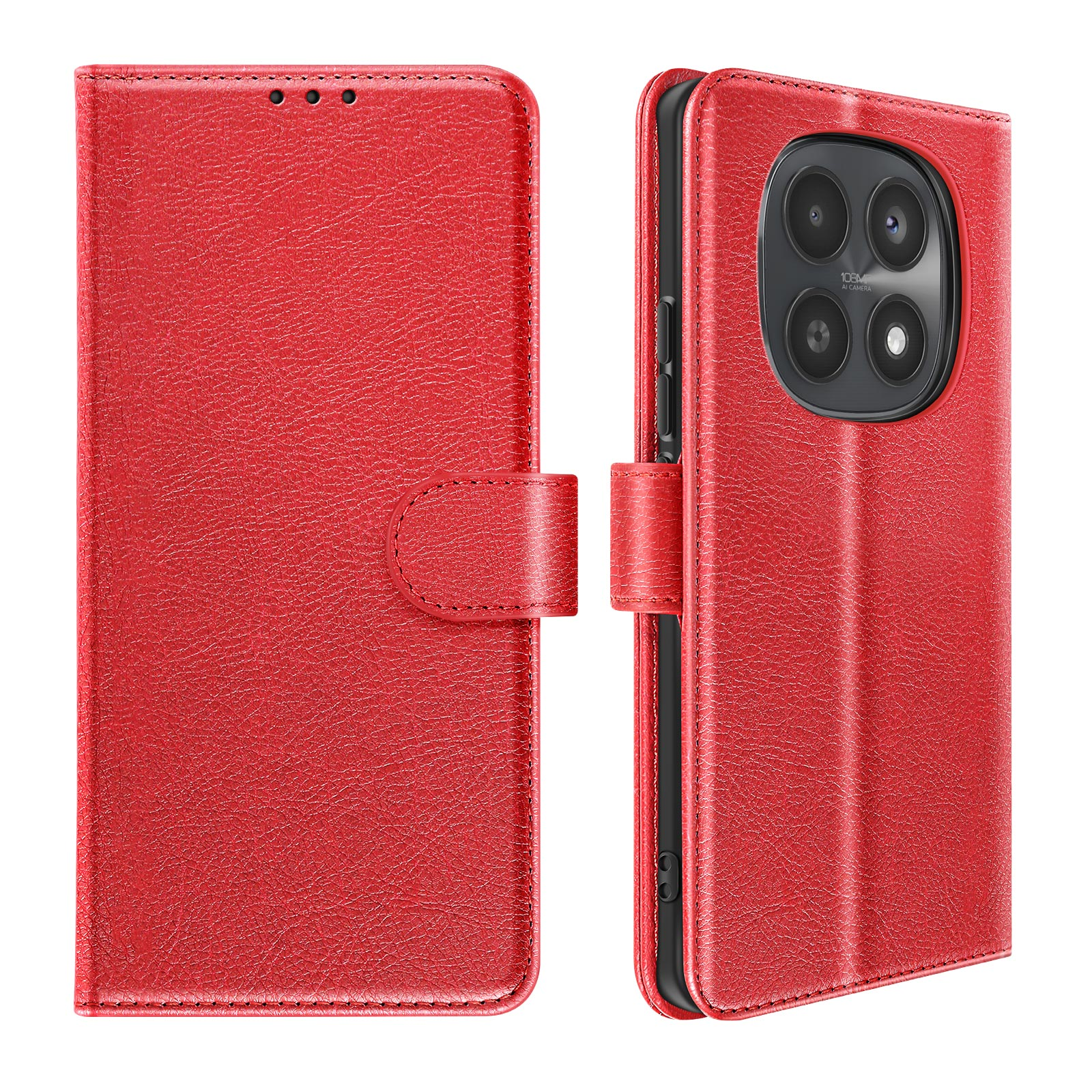 Custodia rossa in pelle per telefono con obiettivi della fotocamera e chiusura magnetica.
