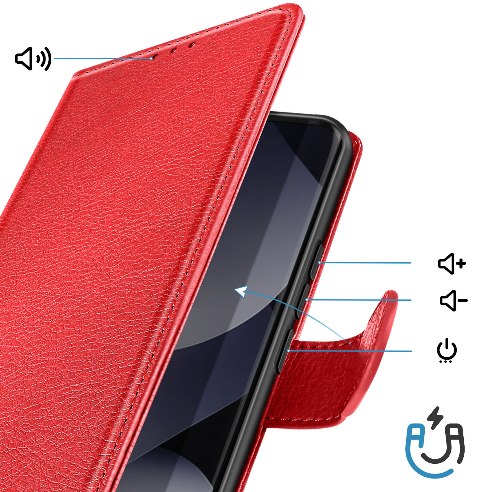 Custodia rossa per telefono con icone per volume, accensione e magnetismo.
