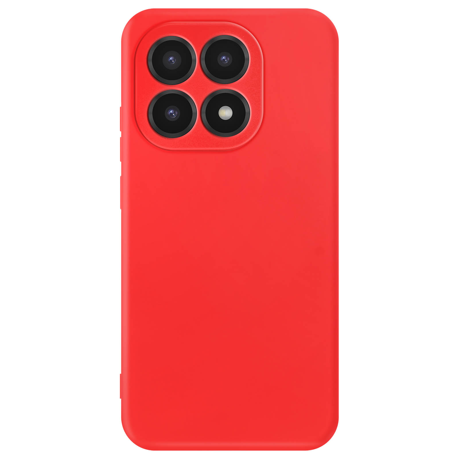 Coque de téléphone rouge avec quatre objectifs de caméra dans une découpe carrée.