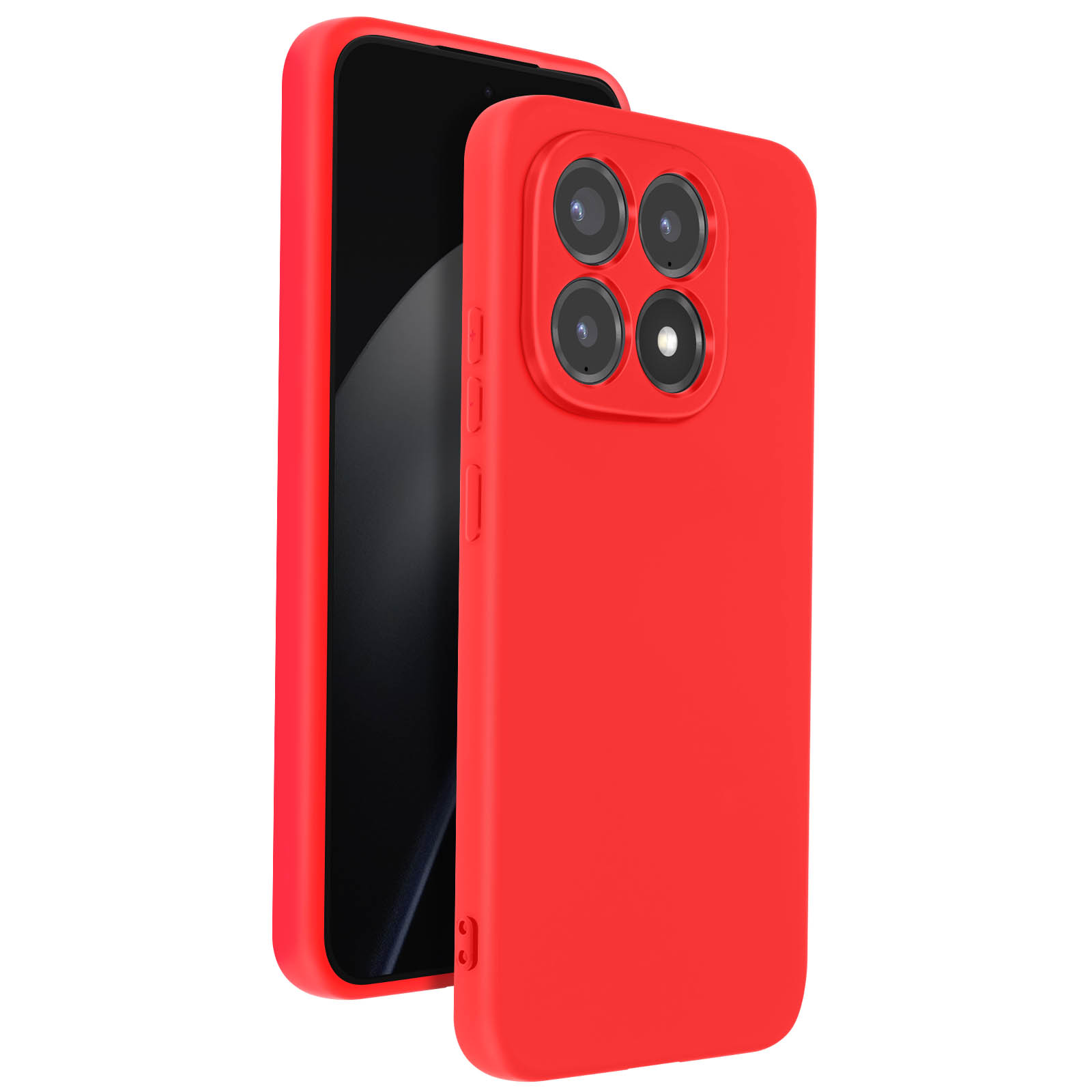 Coque de téléphone rouge avec quatre objectifs et un écran sombre.