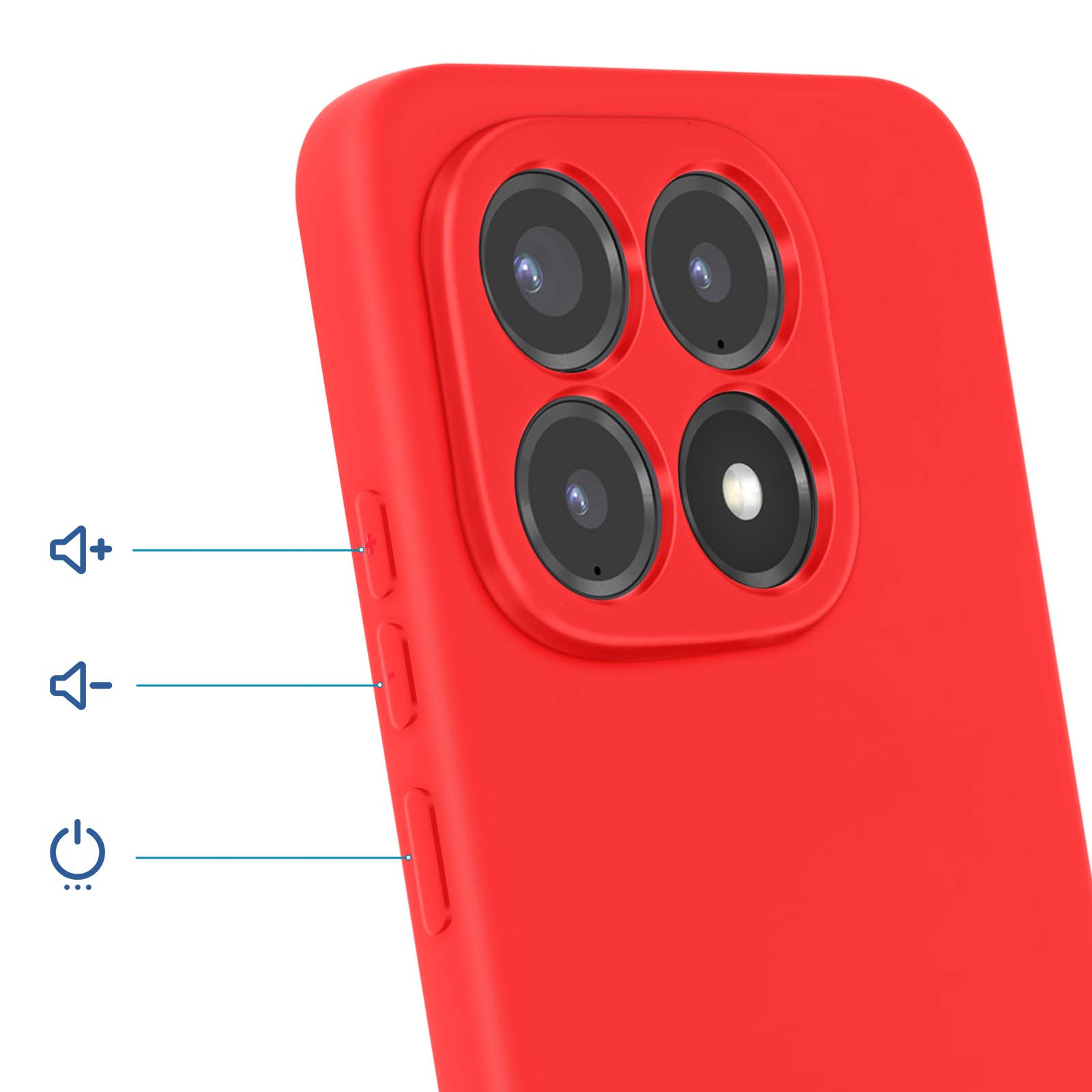 Coque de téléphone rouge avec quatre caméras et boutons volume/alimentation.