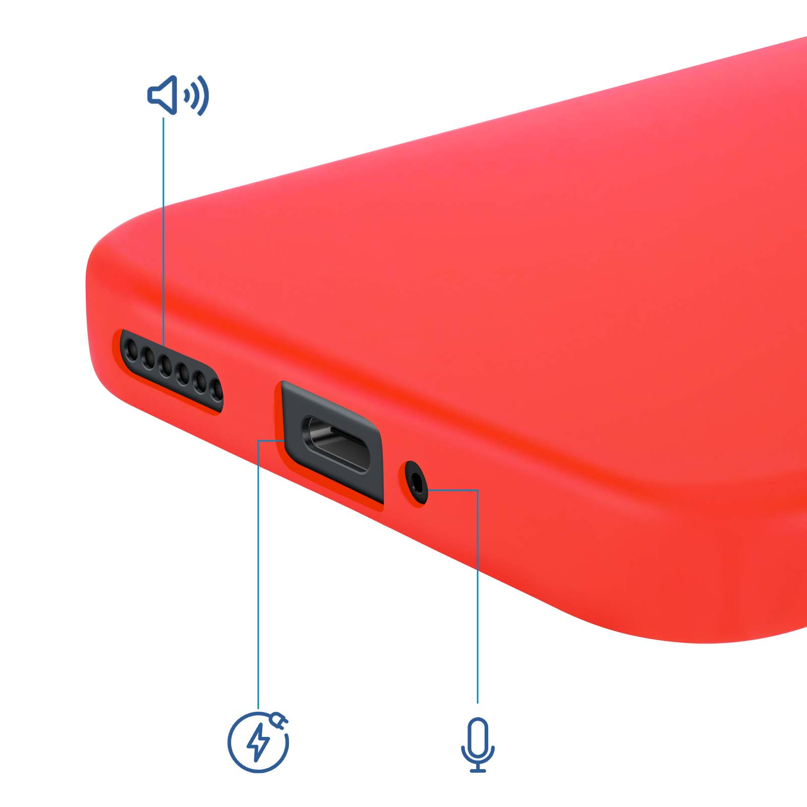 Coque de téléphone rouge avec icônes haut-parleur, chargeur, micro.