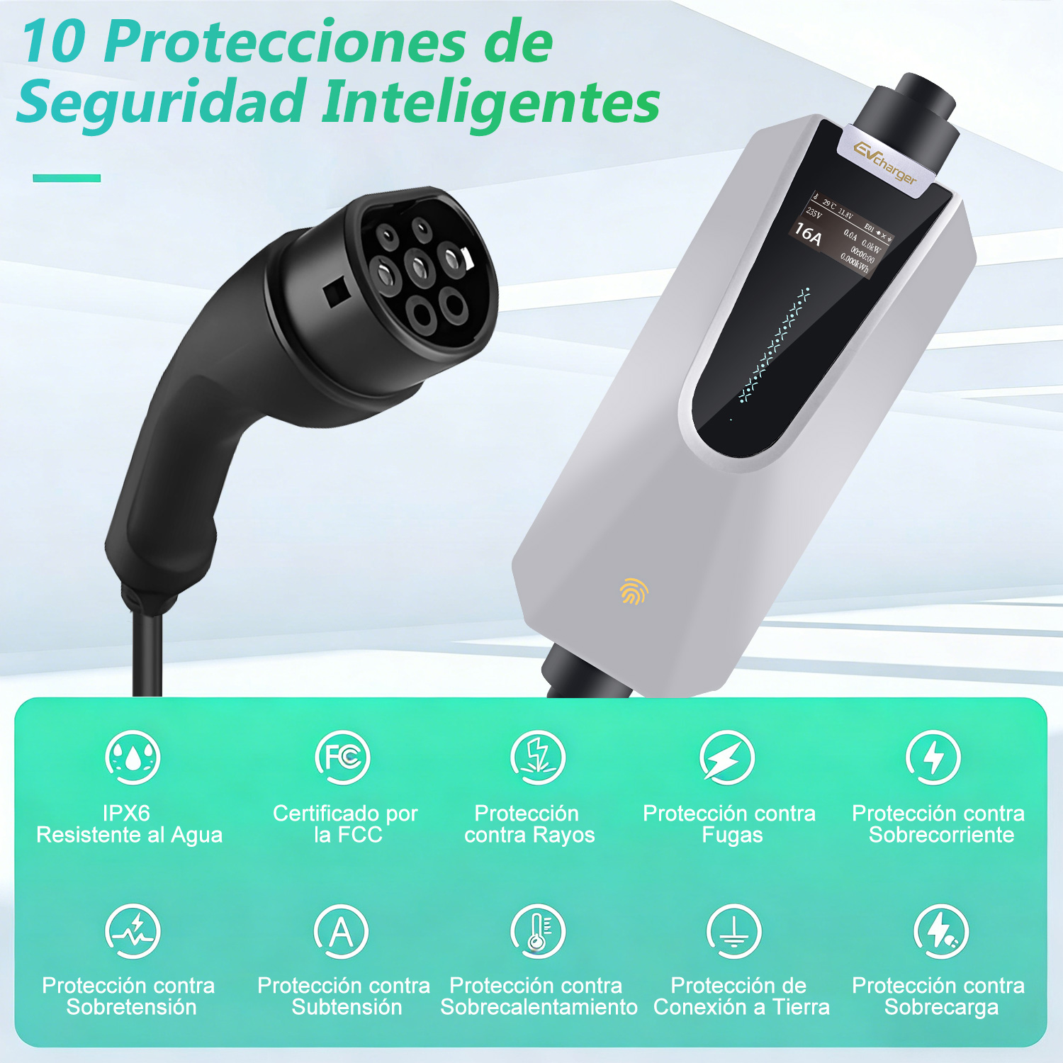Cargador EV con cable y protecciones: IPX6, FCC, rayos, sobretensión, subtensión, fugas.