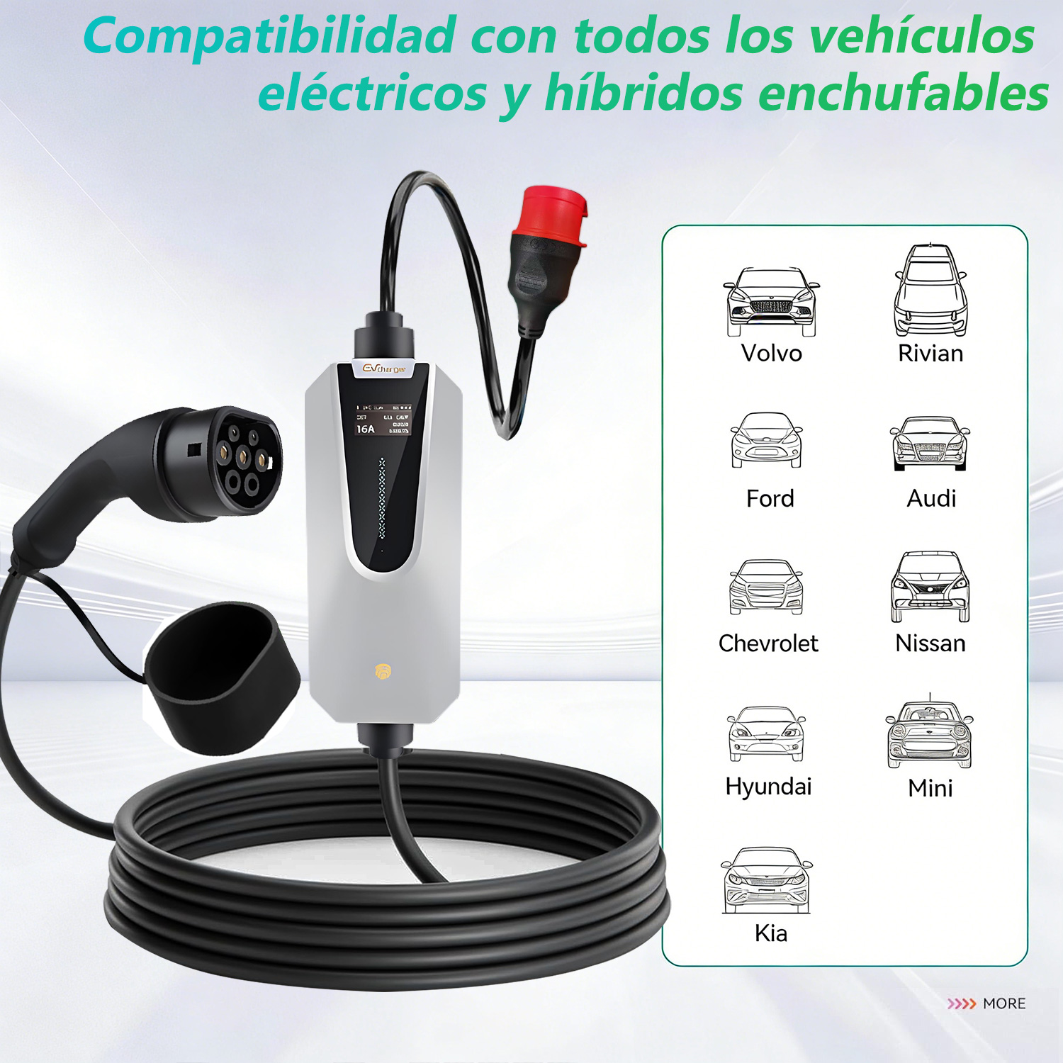 Cargador EV con cable y enchufe, compatible con Volvo, Ford, Kia y otras marcas.