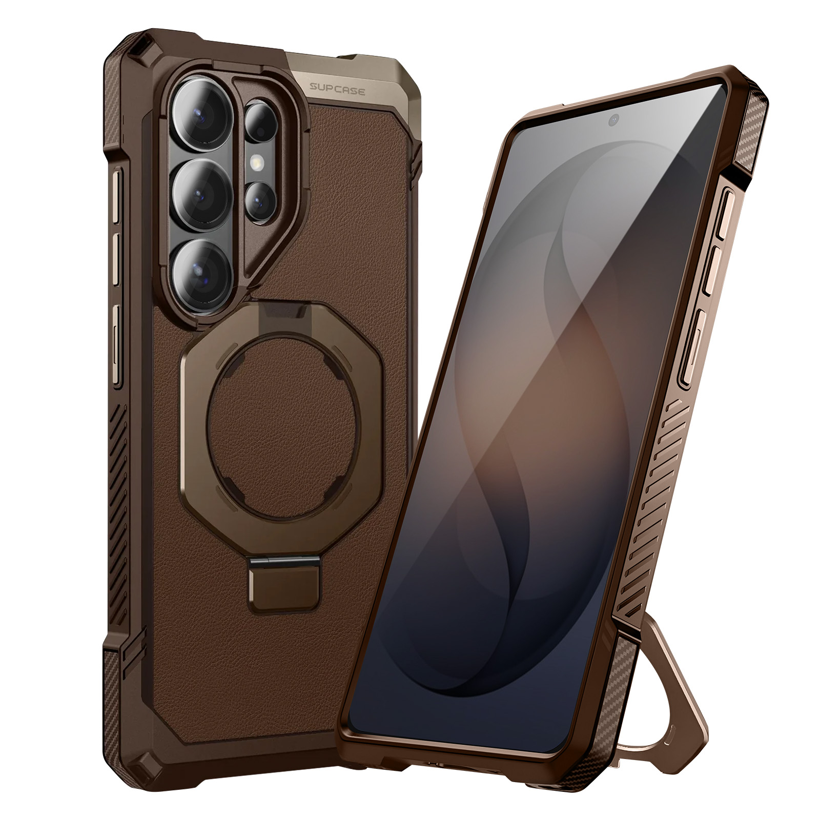 Una custodia marrone per telefono con anello e supporto è accanto a uno smartphone.