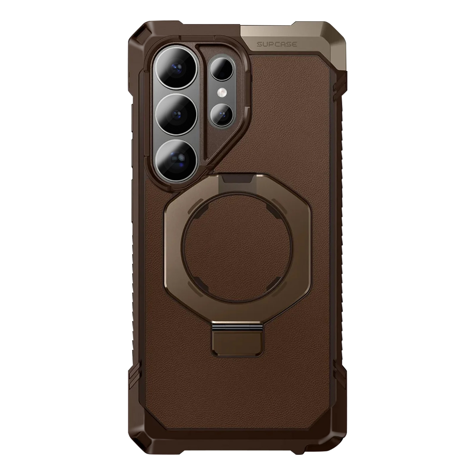 Custodia marrone per telefono con anello porta anello e cavalletto.