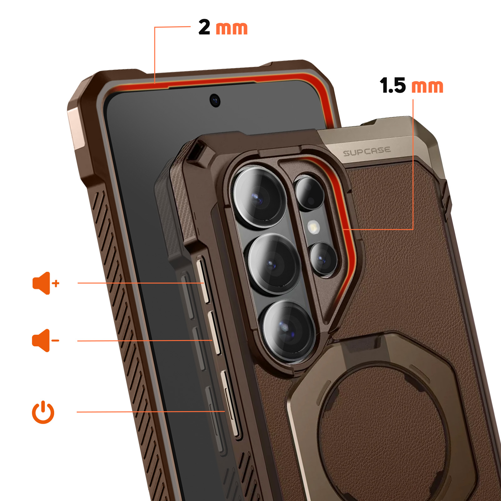 Custodia marrone per telefono con fotocamera, volume e pulsanti di accensione.