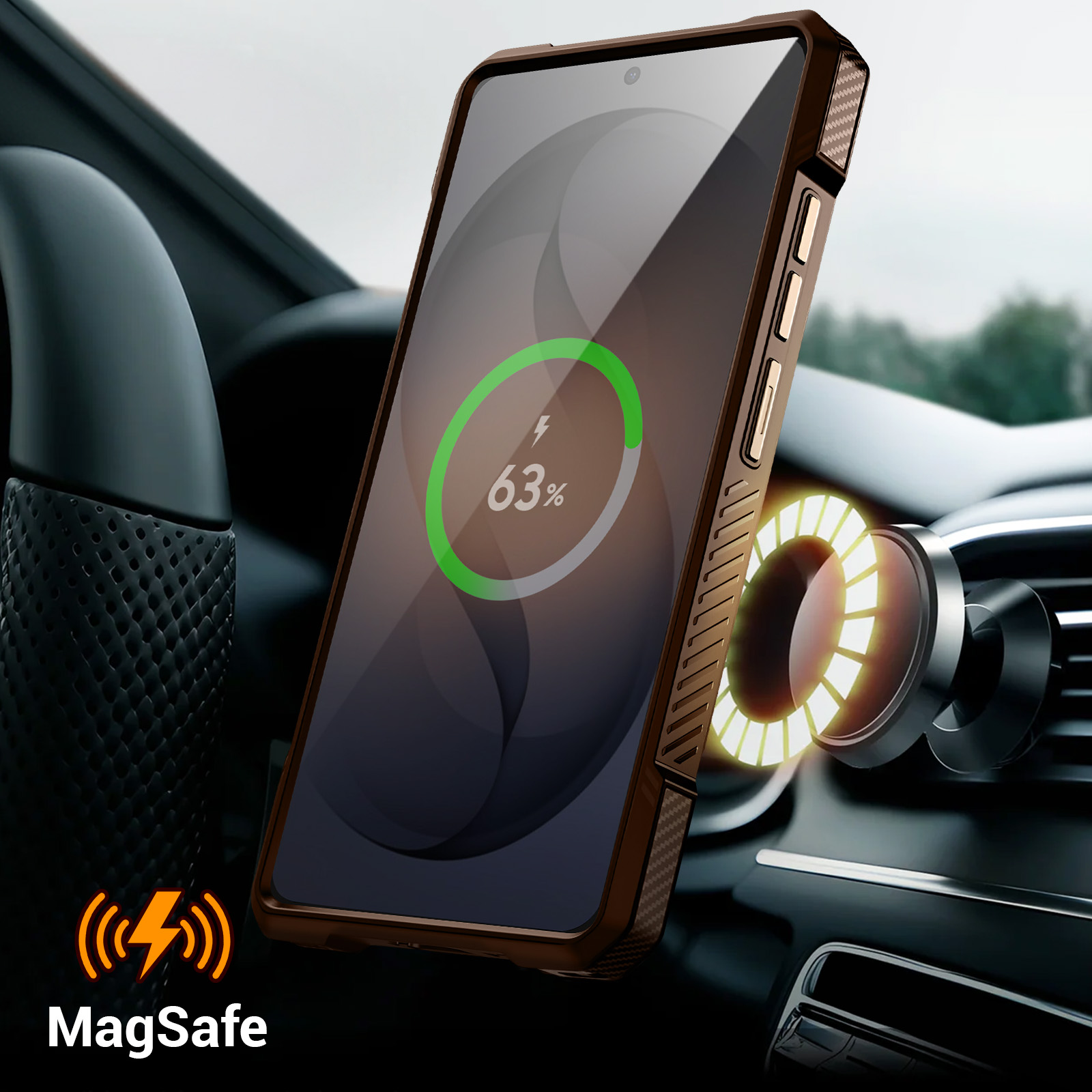 Custodia marrone per telefono su supporto magnetico per auto.