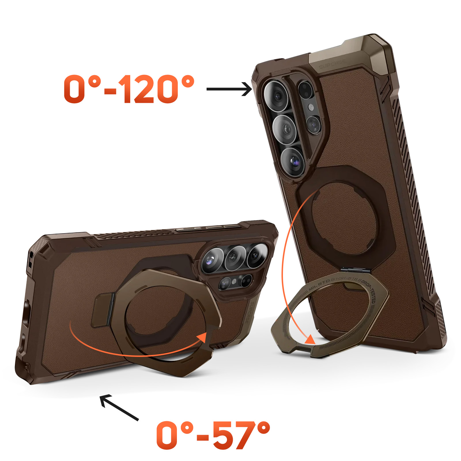 Custodia marrone per telefono con anello pieghevole, angoli 0°-120° e 0°-57°.