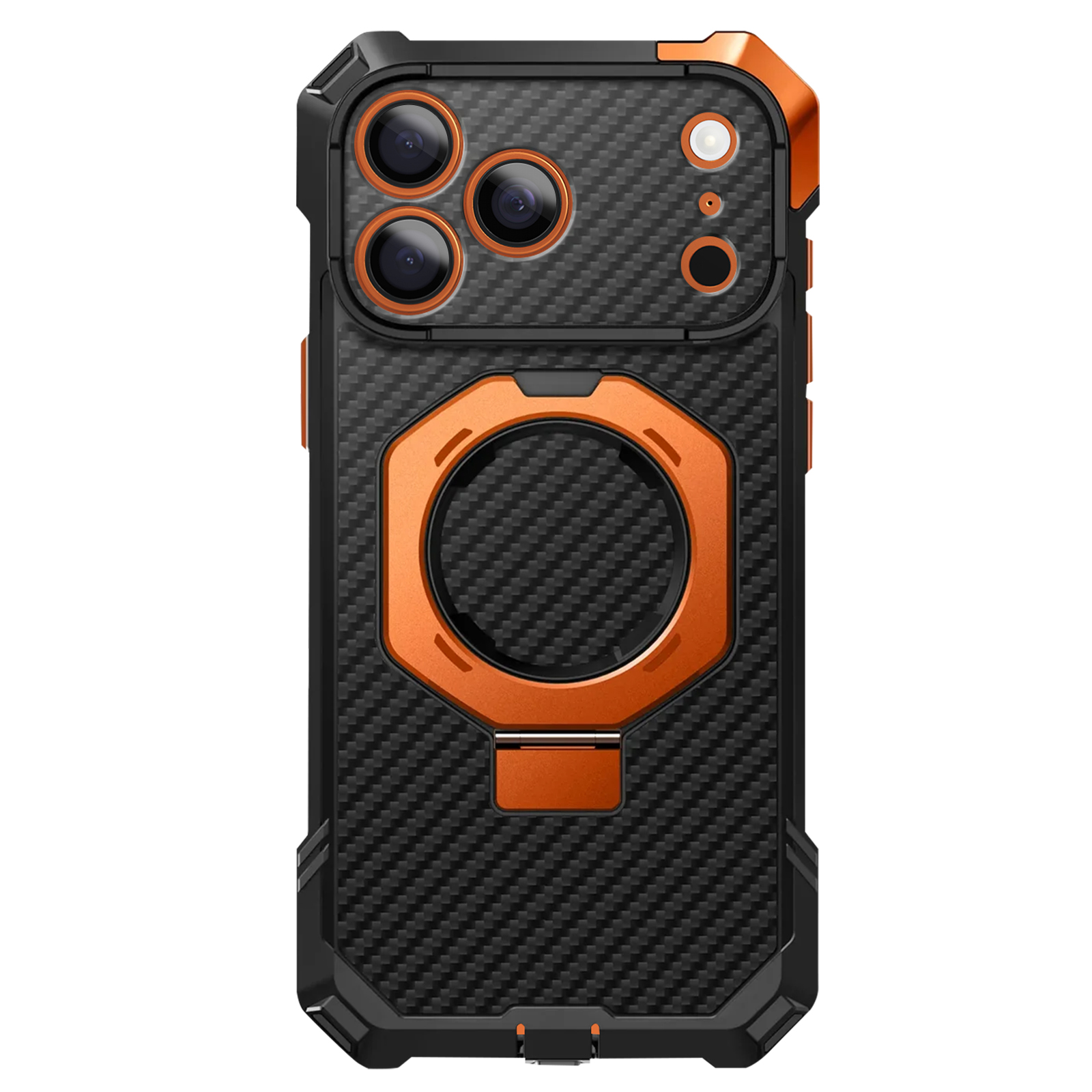 Custodia nera per telefono con motivo carbonio, accenti arancioni e modulo fotocamera.