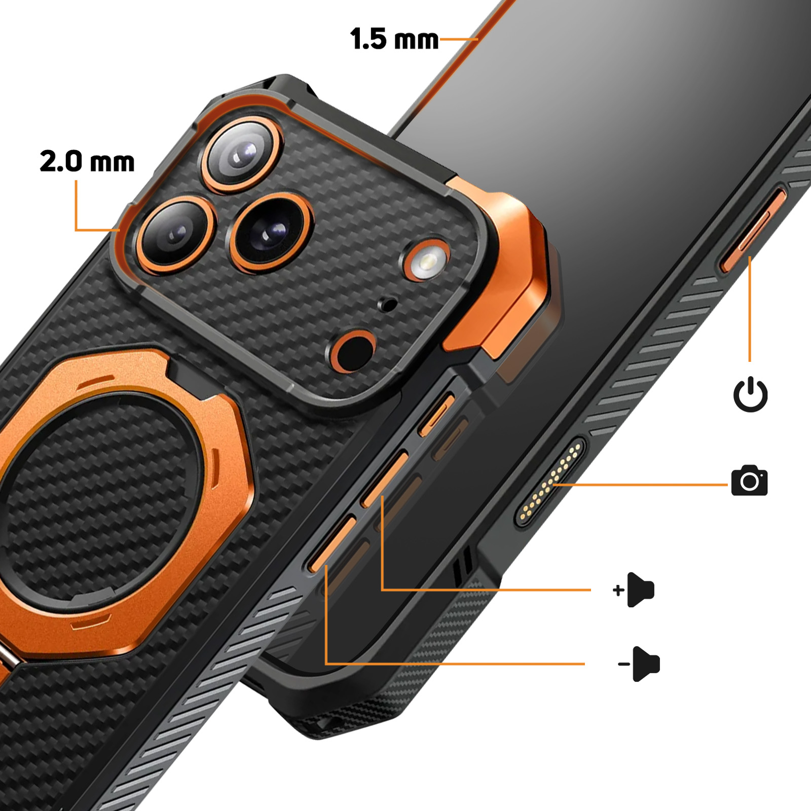 Custodia nera per telefono con accenti arancioni e isole fotocamera.