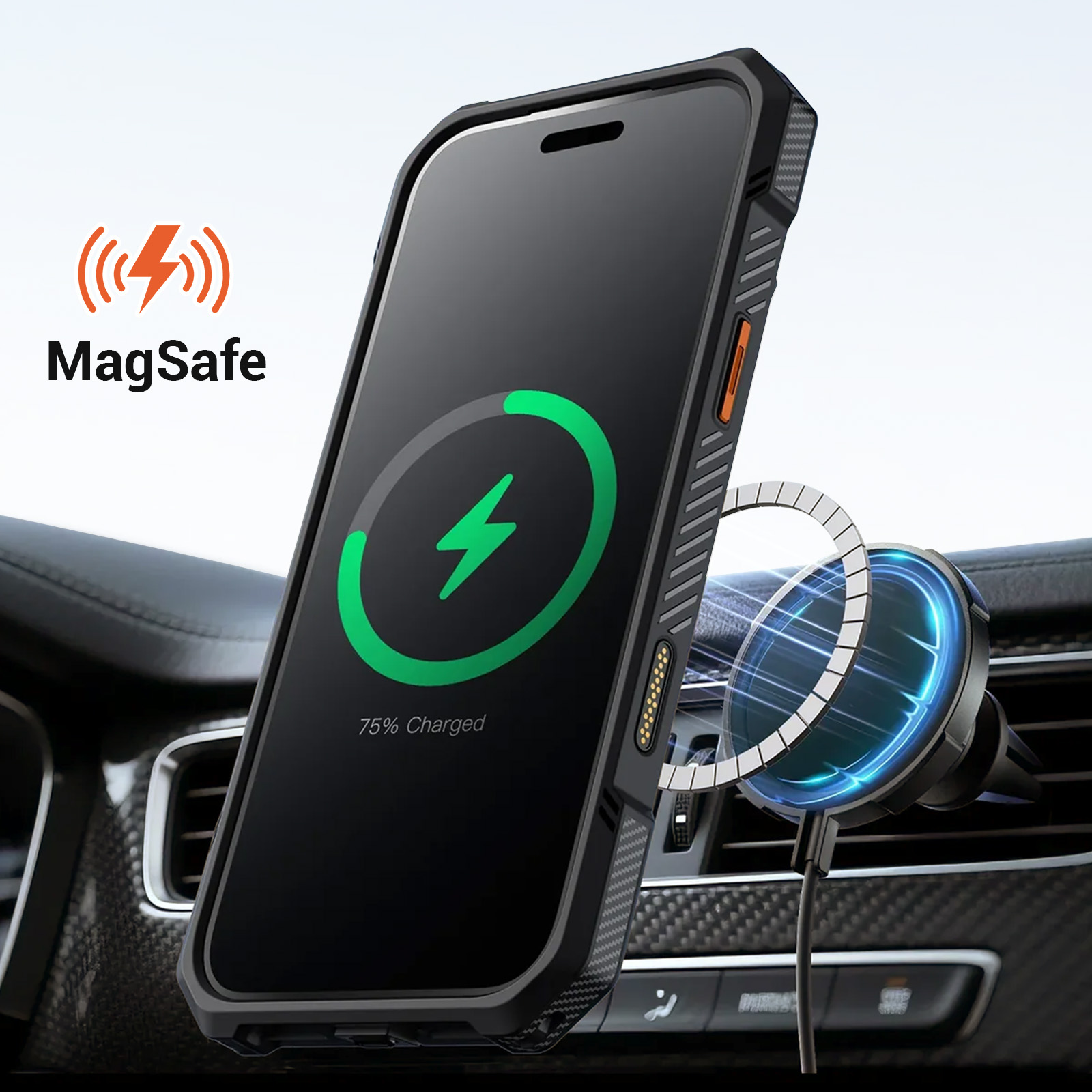 Un iPhone con caricabatterie MagSafe in auto, al 75% di carica.