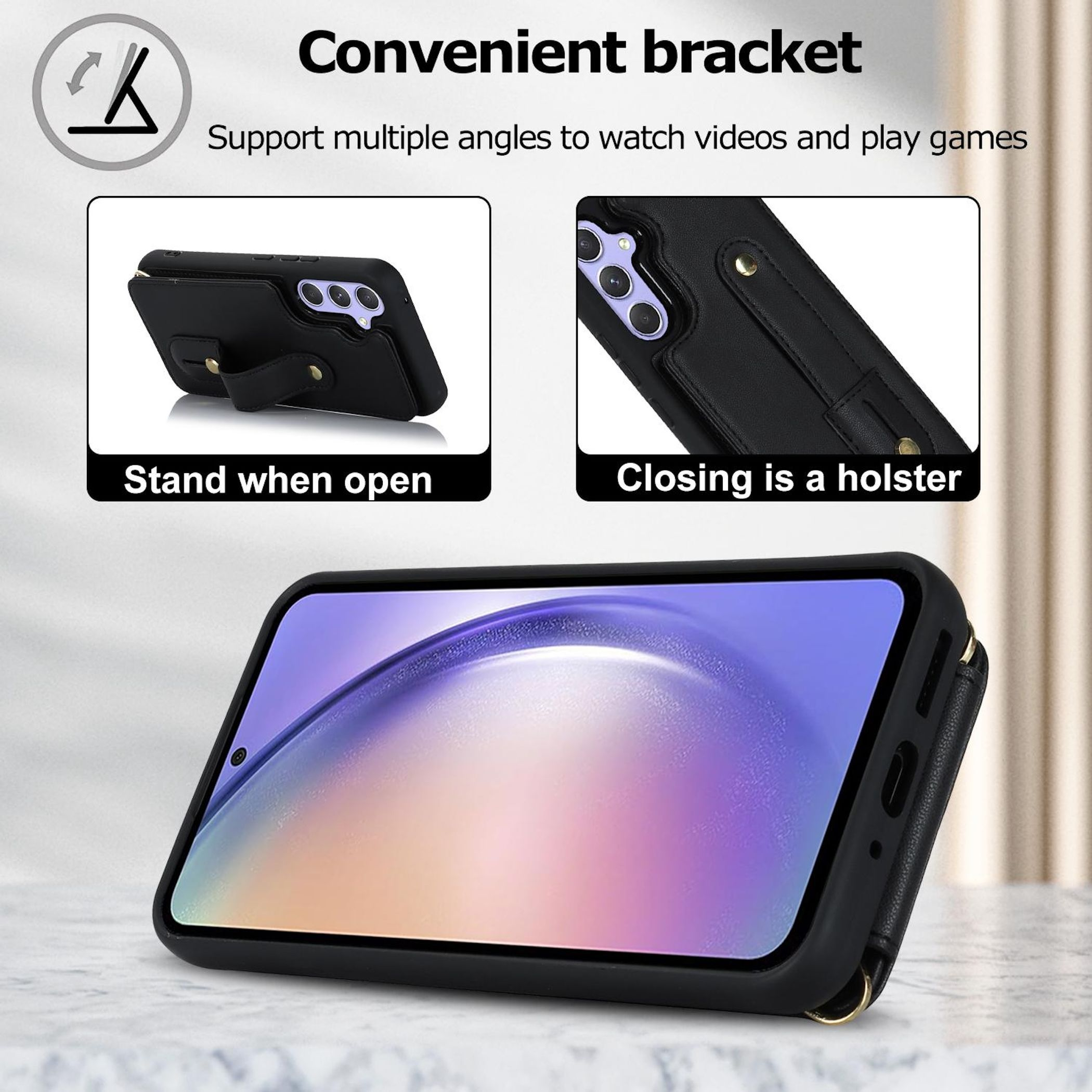 Schwarze Handyhülle mit Ständer, die verschiedene Blickwinkel zum Ansehen von Videos ermöglicht.
