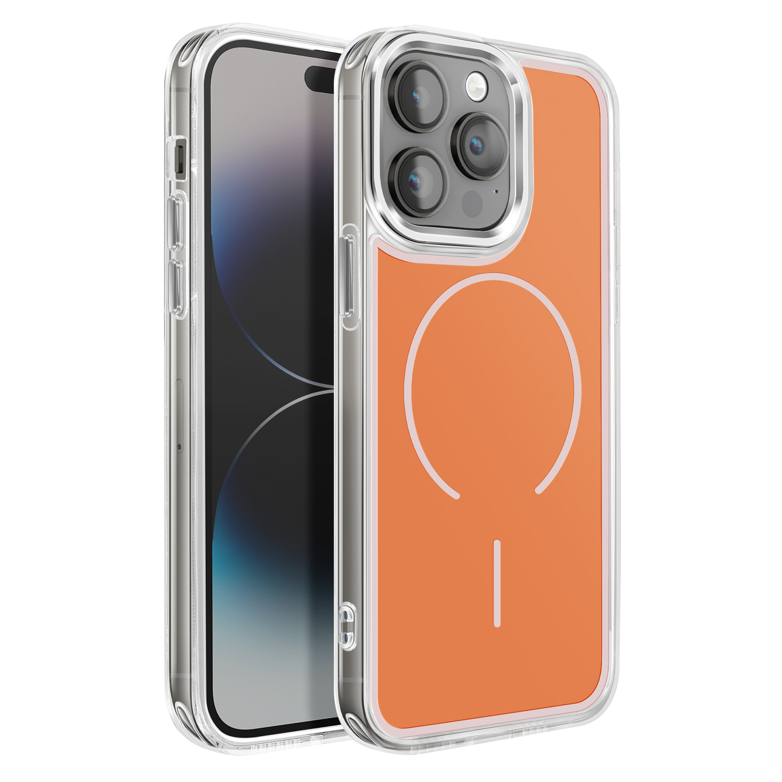 Een doorzichtige telefoonhoes met oranje achterkant en cameramodule.